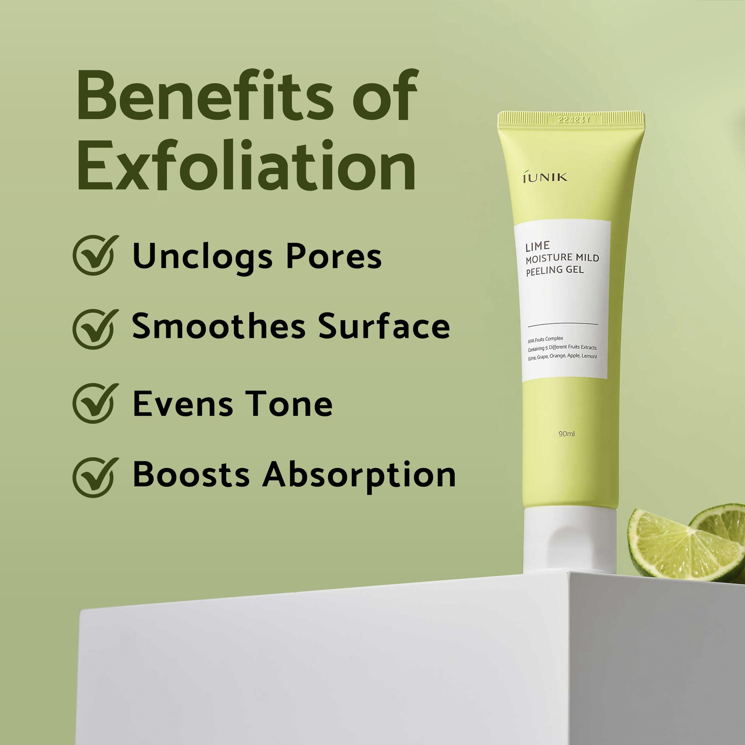 IUNIK Lime Moisture Mild Peeling Gel 3.04 Fl Oz - Gentle Exfoliating Deep Cleansing Glowing - Smooth with AHA & Fruits Complex -