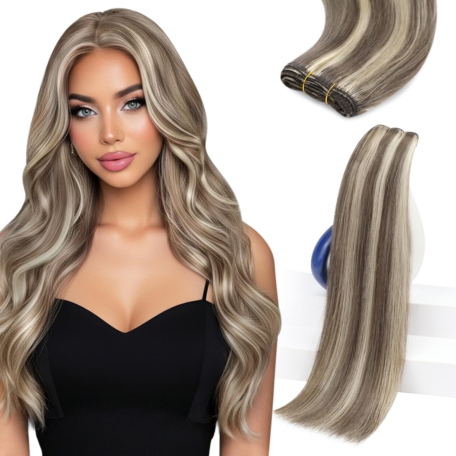Sunny Hair Sew in Hair Extensions Real Human Hair 18 Inch Double-Wefted Light Brown with Platinum Blonde Highlights Long Straigh
