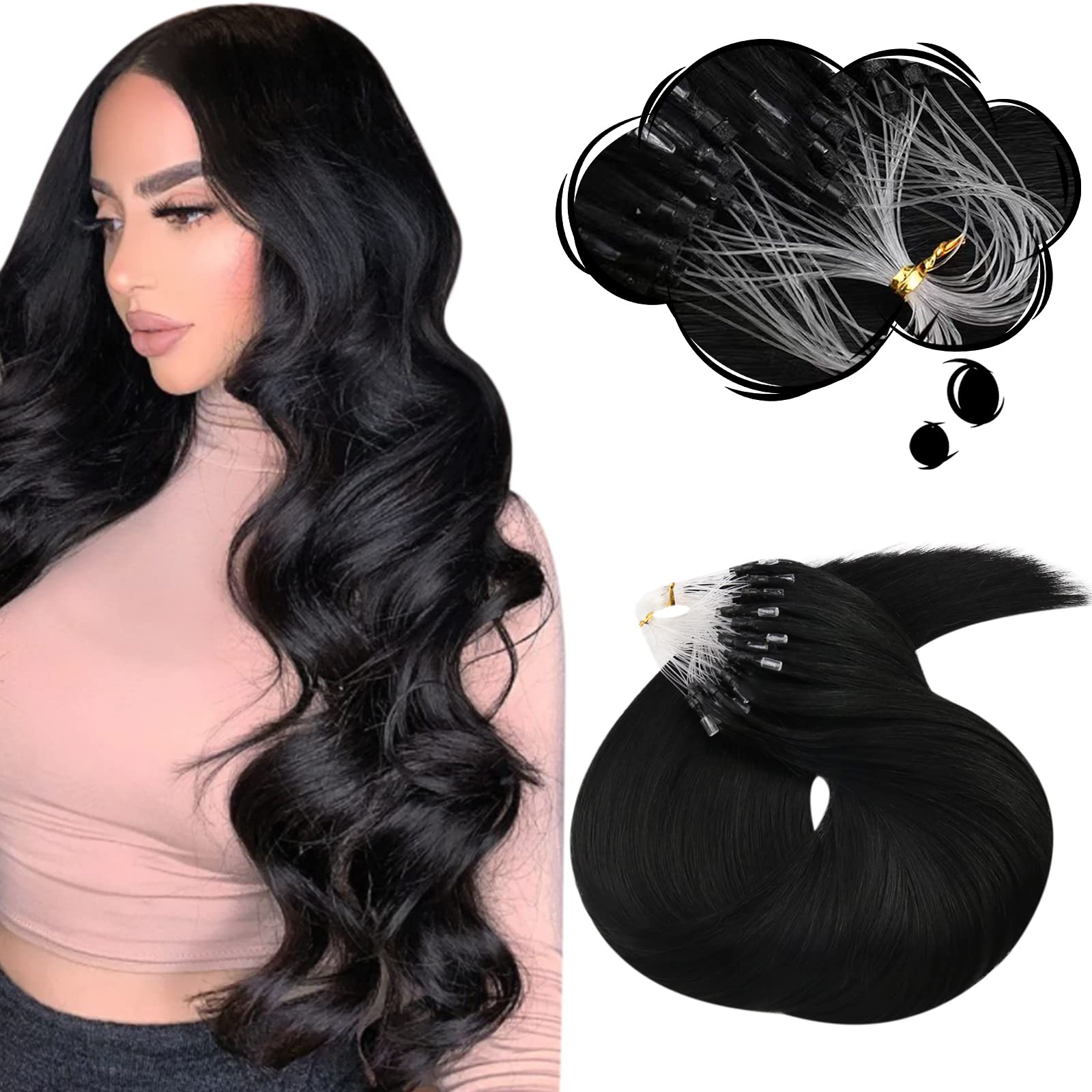 Moresoo Micro Beads Hair Extensions Human Hair 18 Inch Straight Hair Extensions Micro Links Real Black Human Hair Extensions 50G