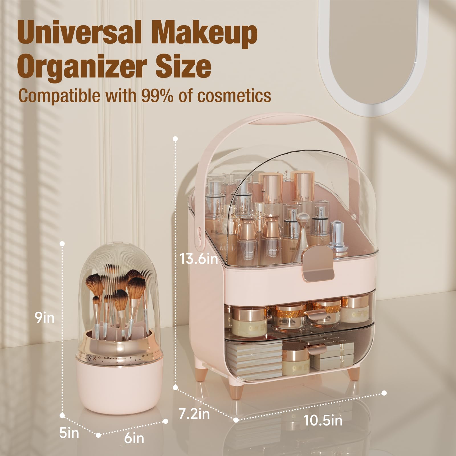 CLBDRESS Makeup Organizer Countertop, Makeup Brush Holder with Lid & Drawers, Bathroom Vanity Organizer and Storage, Make Up Org