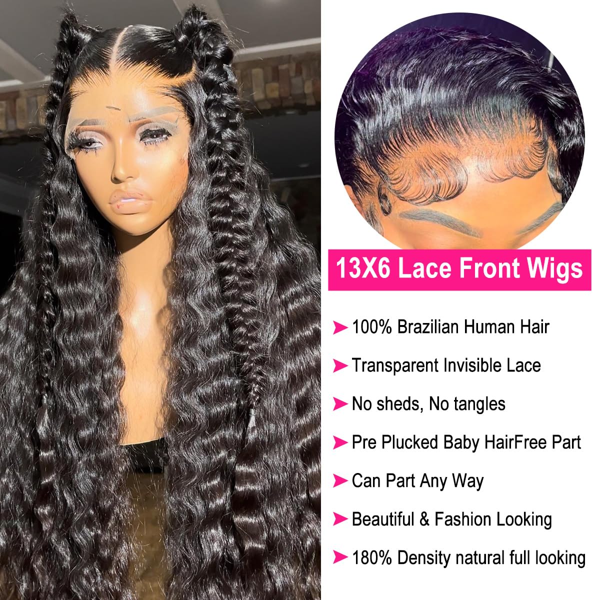 Askwish 36 Inch Lace Front Wig Human Hair 13X6 Lace Front Wigs Human Hair Pre Plucked 180% Density Deep Wave Lace Front Wigs Hum