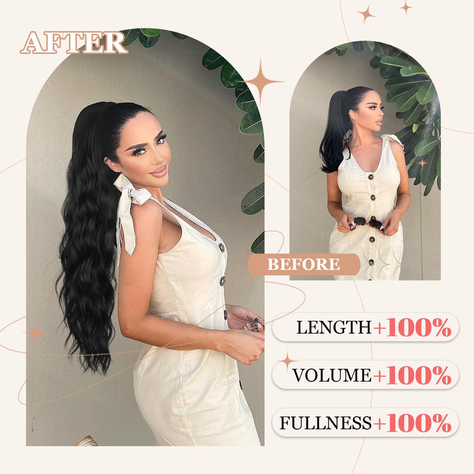 Freemeige Drawstring Ponytail Extension Long Body Wavy Black Ponytail Extension For Women Synthetic Hair Ponytail Extension Clip