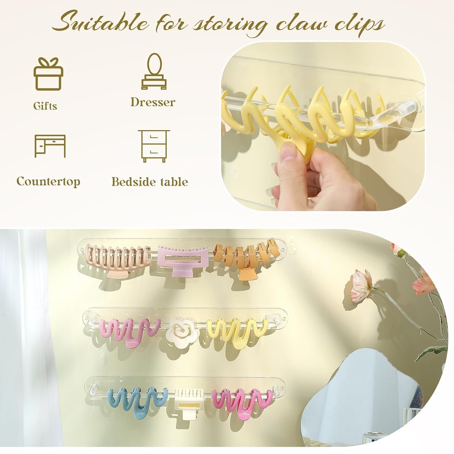 SNOWSTAR Acrylic Claw Clip Organizer, 2PCS Wall Holder and Storage, Hair Clip Display Clear Stand for Women and Girls (Clear 2PC