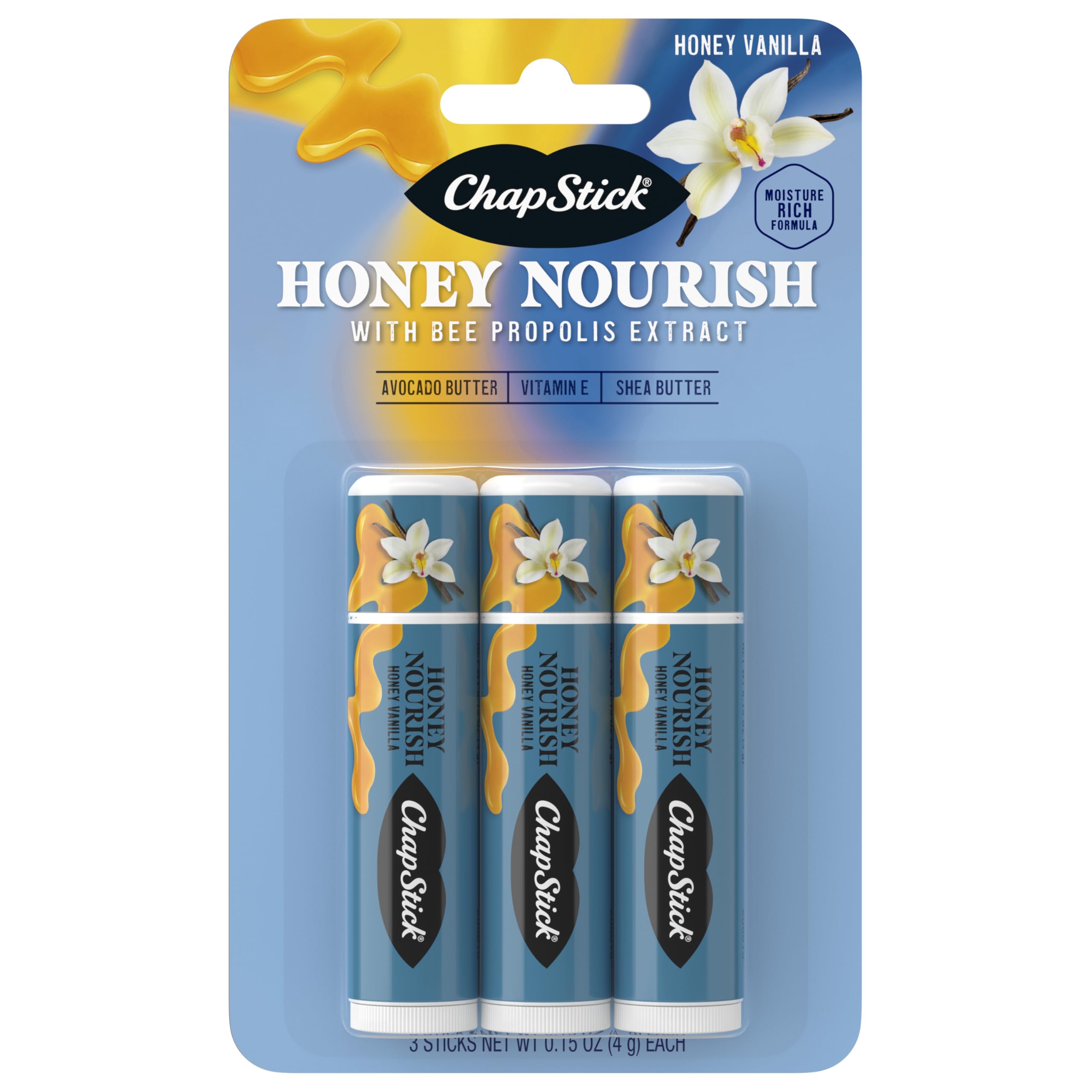 ChapStick Lip Balm Honey Nourish, Moisturizing Fomula with Shea Butter and Avocado Butter, Vitamin E, Honey Vanilla Flavor, 3CT 