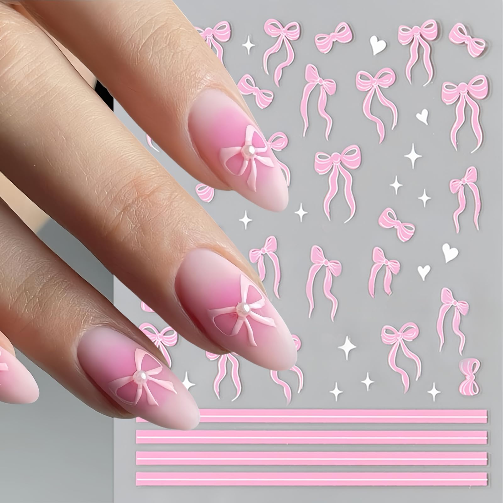 8Pcs Leopard Print Nail Art Stickers 3D Self-Adhesive Black Pink Bow-Knot Nail Decals Cute Tiny Bow French Line Nail Design Supp