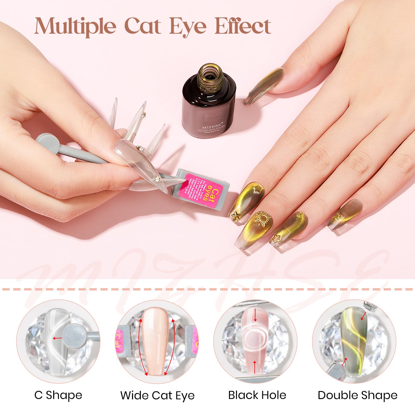 Mizhse Magnetic Cat Eye Gel Polish For Nail 10Ml, Shimmer Moonlight Crystal Cateye Gel With Magnet Stick Gold Silver Gloss Auror