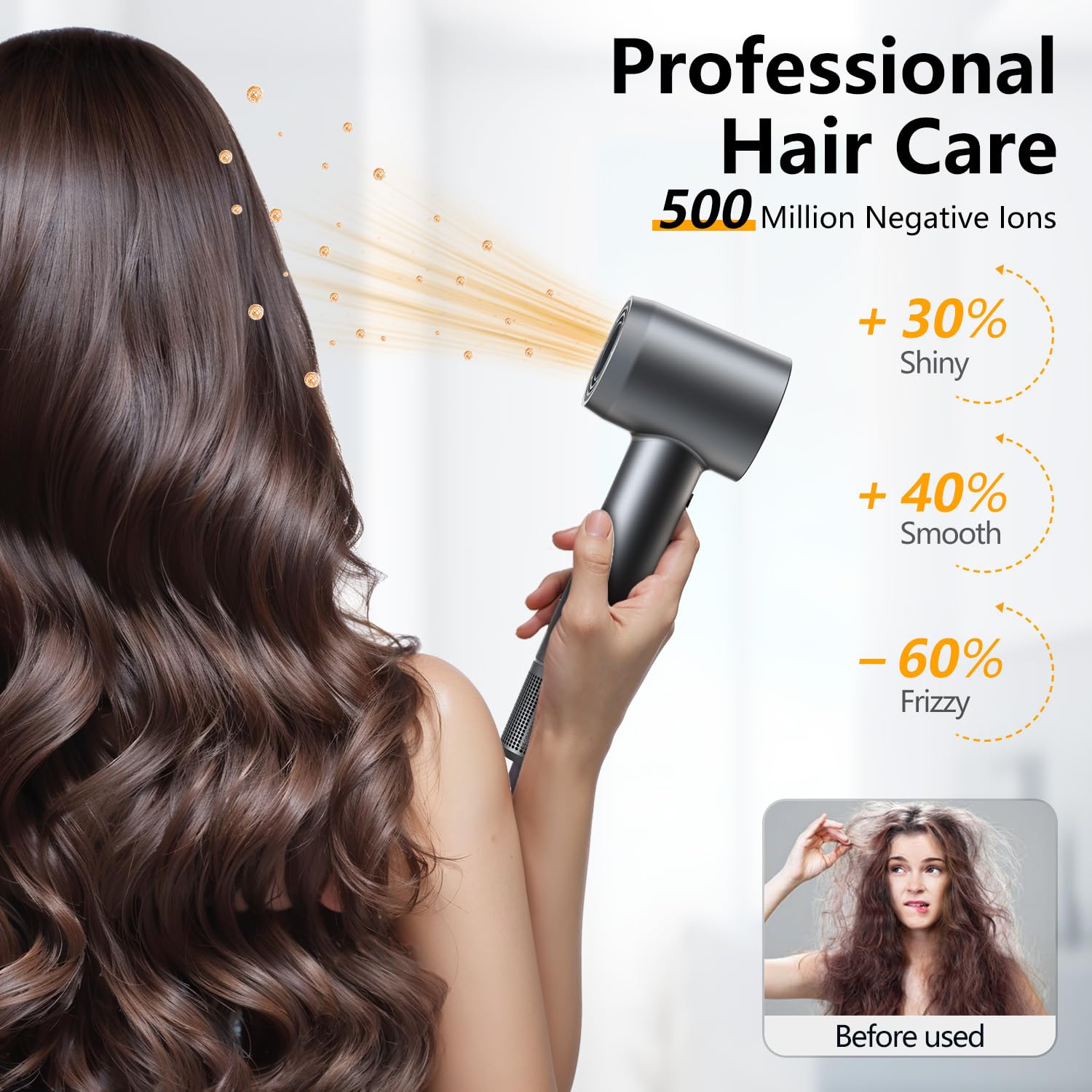 Hair Dryer, 160000 Rpm Professional High-Speed Blow Dryer 500 Millions Negative Ionic Care Hair Dryer For Fast Drying, Low Noise