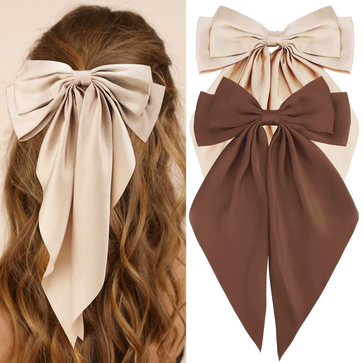 Atoden Hair Bows Silky Satin Bows for Hair Ribbons 2Pcs Coquette Oversized Long Tail Hair Bow Clips Barrettes Big Bowknot Hair A