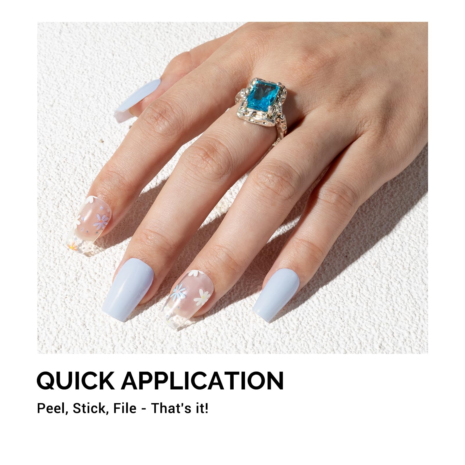 Melodysusie Qcoat Fully Cured Gel Nail Strips (Light Blue Flowers) - Uv Free Nail Polish Strips, Salon-Quality, Long Lasting Gel