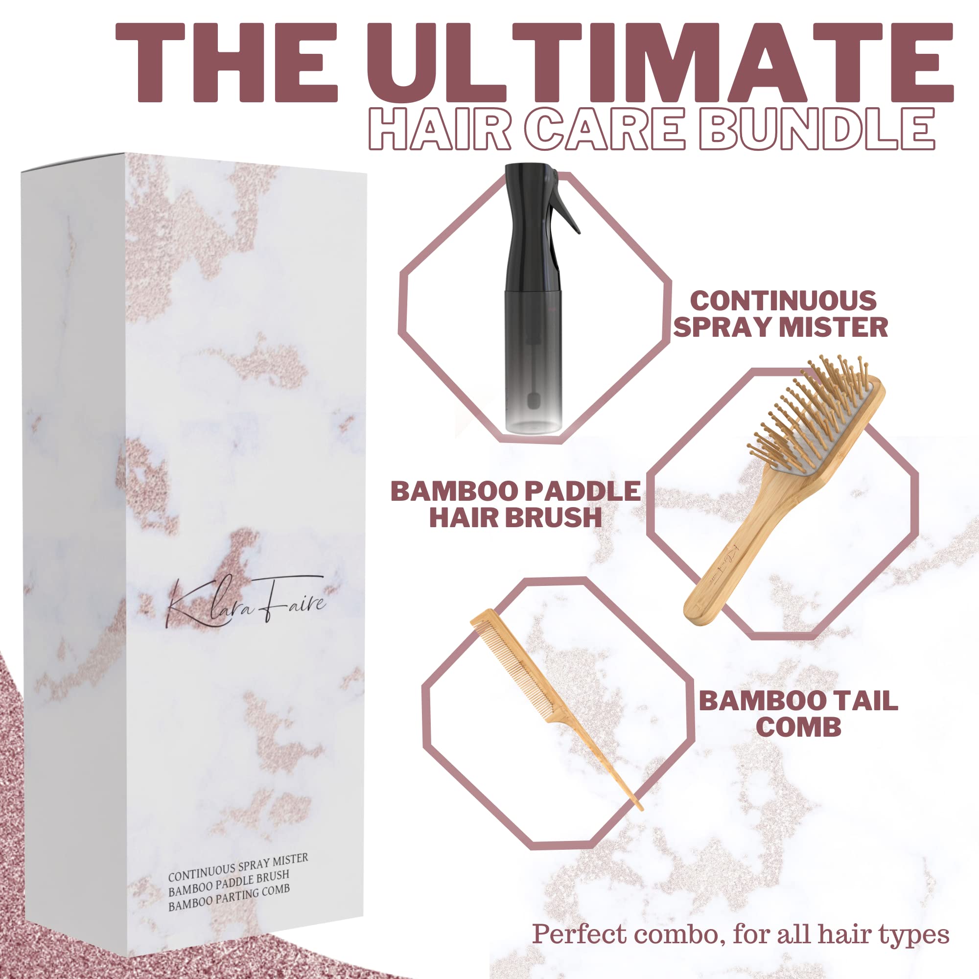 Water Mister Spray Bottle For Hair - 3Pc Set W/Bamboo Brush, Rat Tail Combs & Continuous Spray Bottle For Hair  Natural Bamboo H