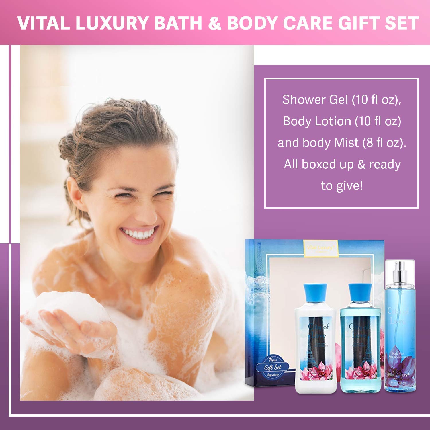 Vital Luxury Bath & Body Care Gift Set - Home Spa Set With Body Lotion, Shower Gel And Fragrance Mist (City Of Love)