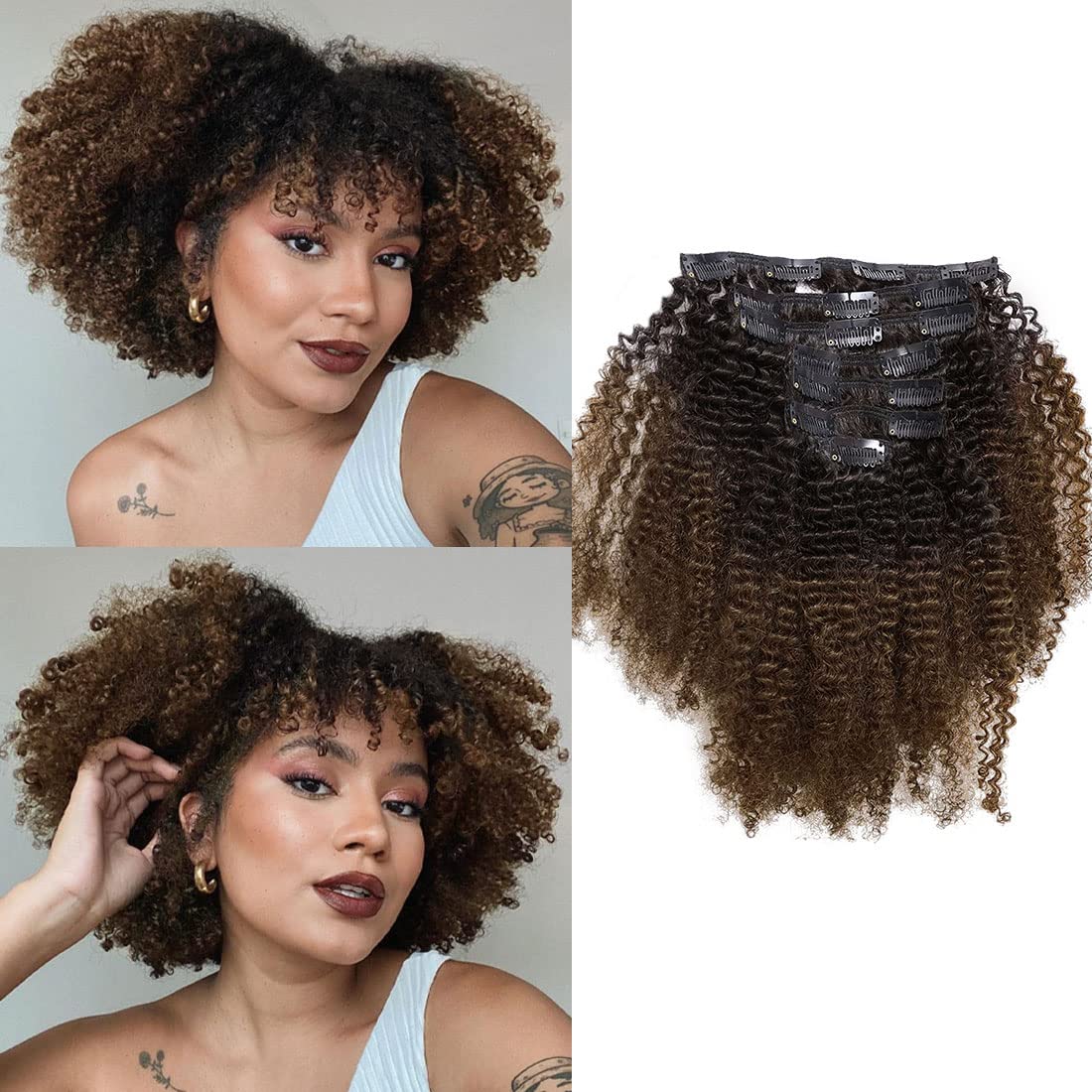 Caliee Afro Kinky Curly Clip in Hair Extensions Remy Brazilian Human Hair 4A 4B for African American Black Women Two Tone T#1B/4