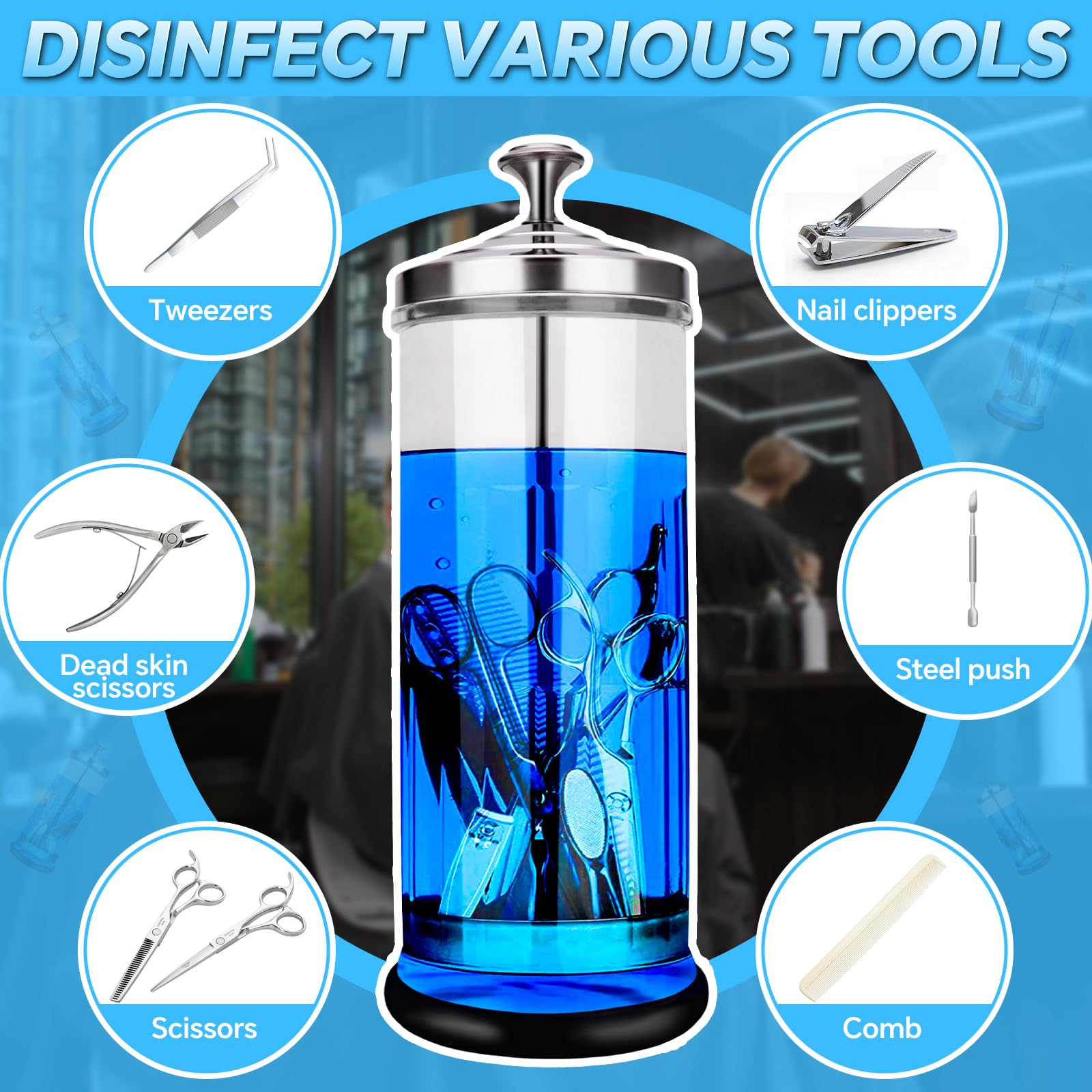 50 OZ Disinfectant Jar + 210g Disinfectant Powder (Water-Soluble), For Sterilization of Salon Barber and Nail Tools