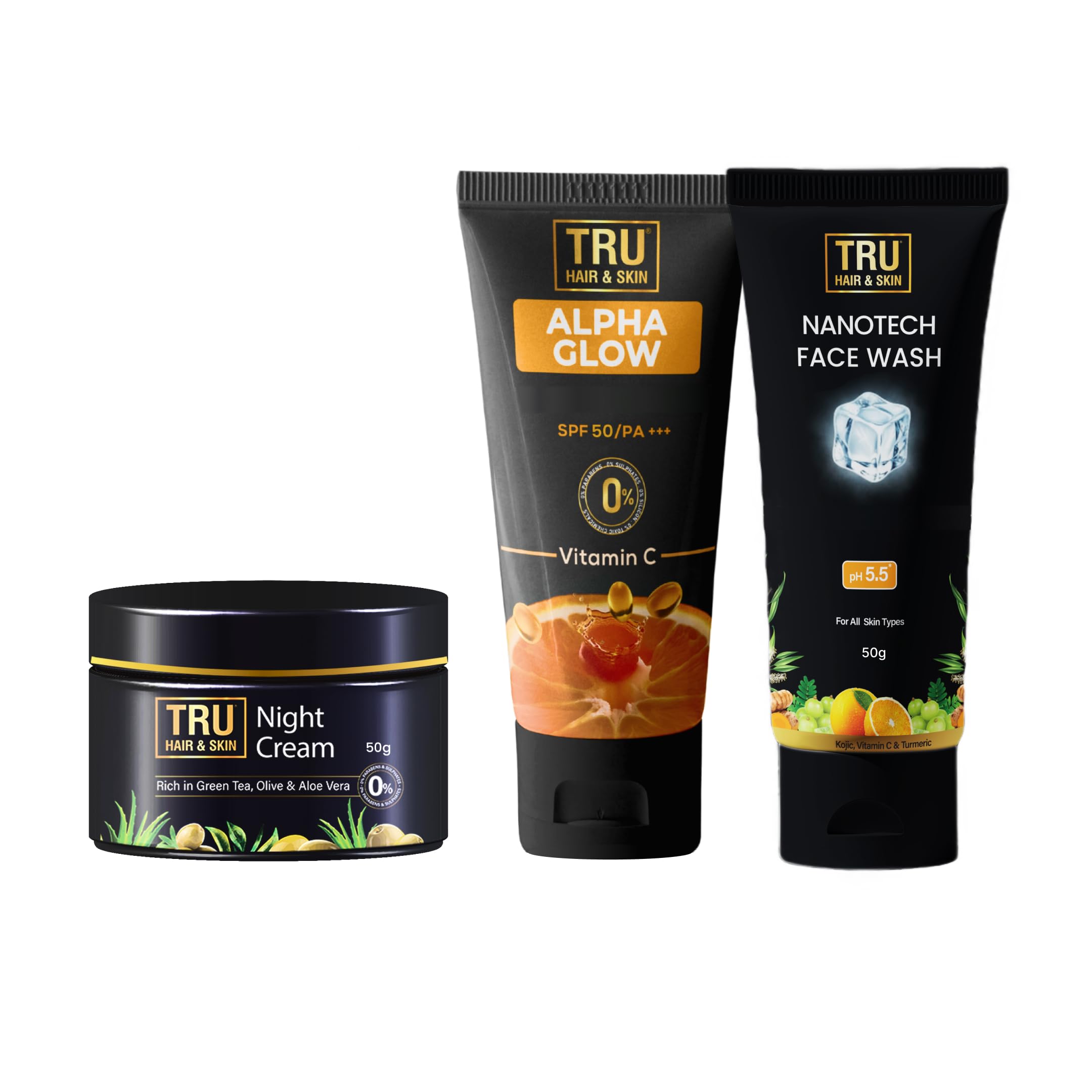 Tru Hair & Skin Night Cream-50Gm+ Nanotech Face Wash-50Ml+ Alpha Glow Instant Brightening Cream With Spf 50-25Ml | Anti-Acne Com