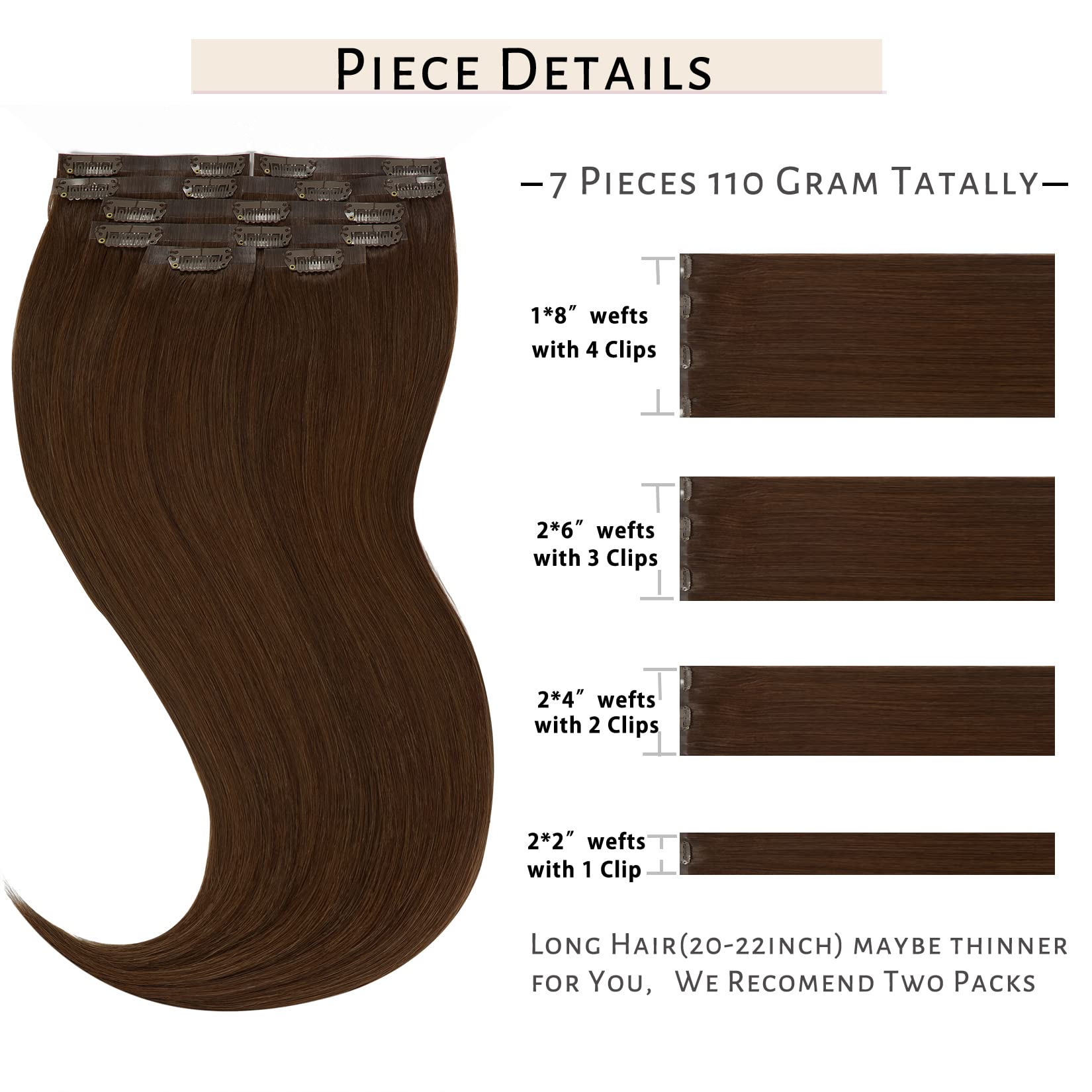 Caliee Seamless Hair Extensions Clip In Human Hair 110G Clip On For Fine Hair Real Hair Extensions 7Pcs Full Head Virgin Hair Ch
