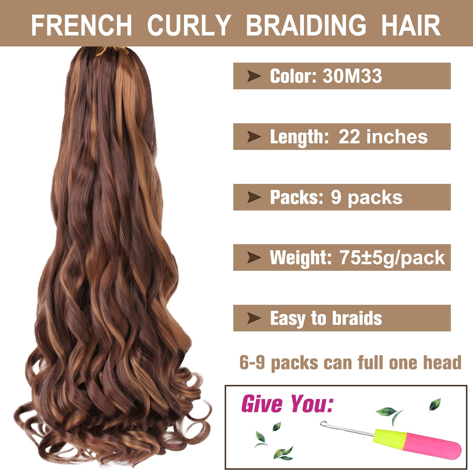 COOKOO 22 Inch French Curls Braiding Hair for Crochet Box Braids with Curly Ends 9 Packs Loose Curly Braids Extention Spanish Cu