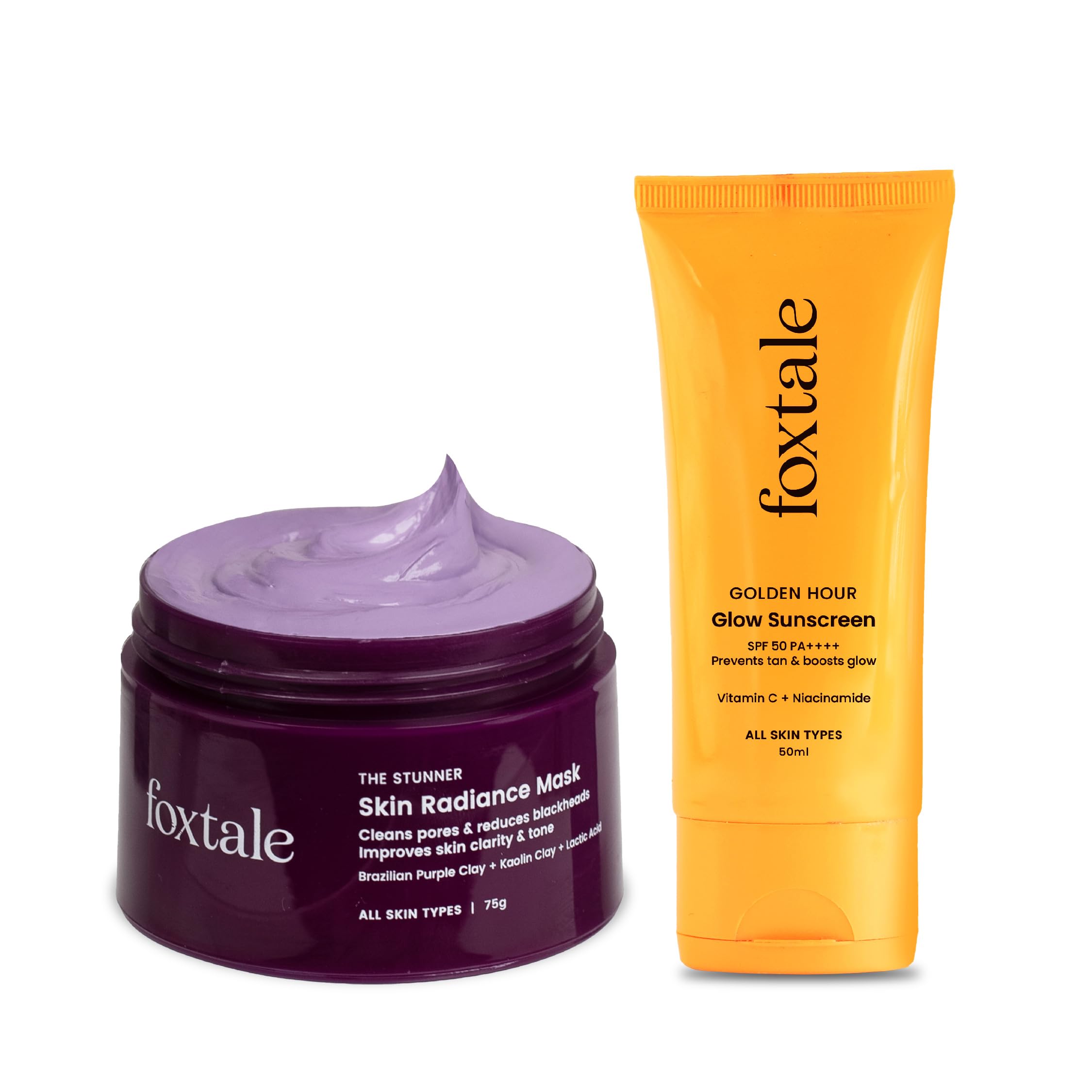 Foxtale Detan And Shield Duo | Skin Radiance Mask With Spf 50 Glow Sunscreen | Removes Tan, Protects From Sun Damage, And Boosts