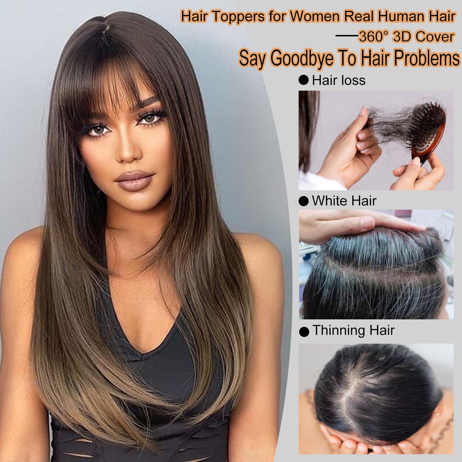 Angels Beauty Hair Toppers For Women Real Human Hair, 360 3D Cover French Bangs Hair Clip, Upgrade Base Human Hair Toppers For W