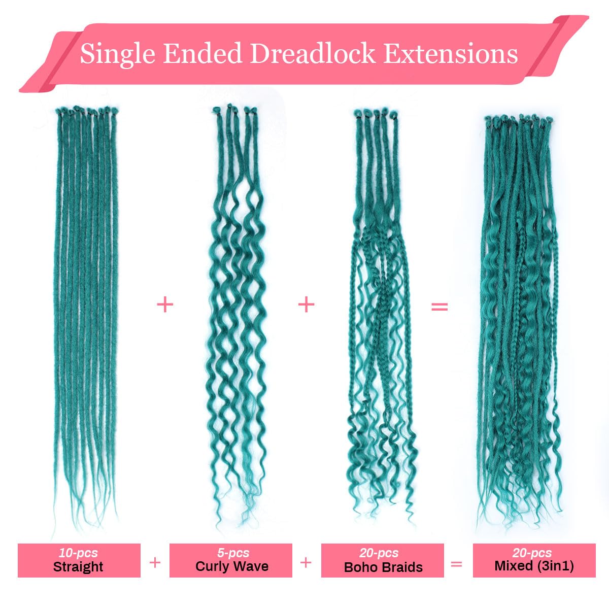 Kraler 24 Inch Mixed Se Dreadlock Extensions Sets, 3 In 1 20 Strands Synthetic Single Ended Dreads Extensions, Teal Green Hippie