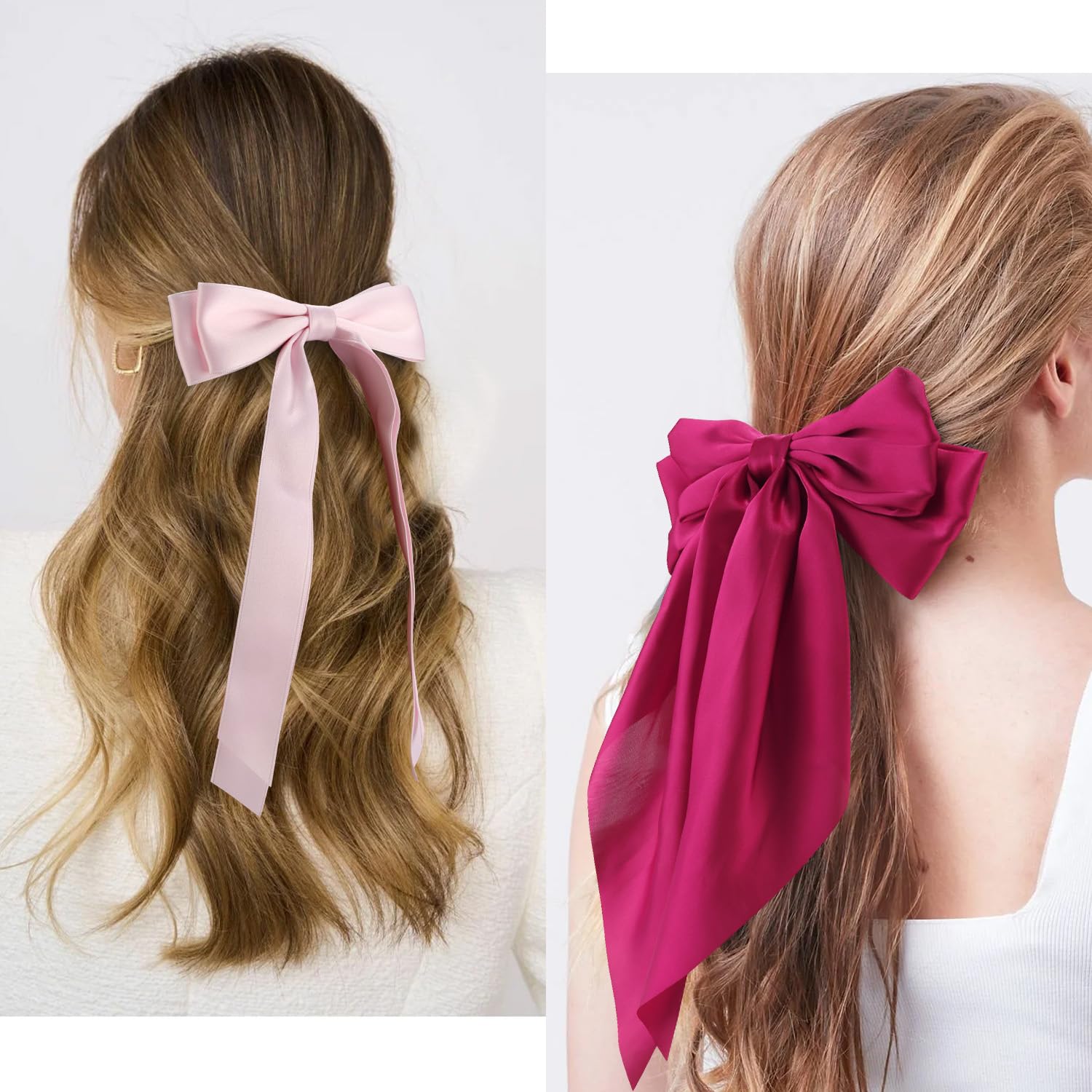 Atoden Pink Hair Bows 4Pcs Silky Satin Hair Ribbons Cute Coquette Bows Oversized Long Tail Bow Hair Barrettes Metal Clips Big Bo