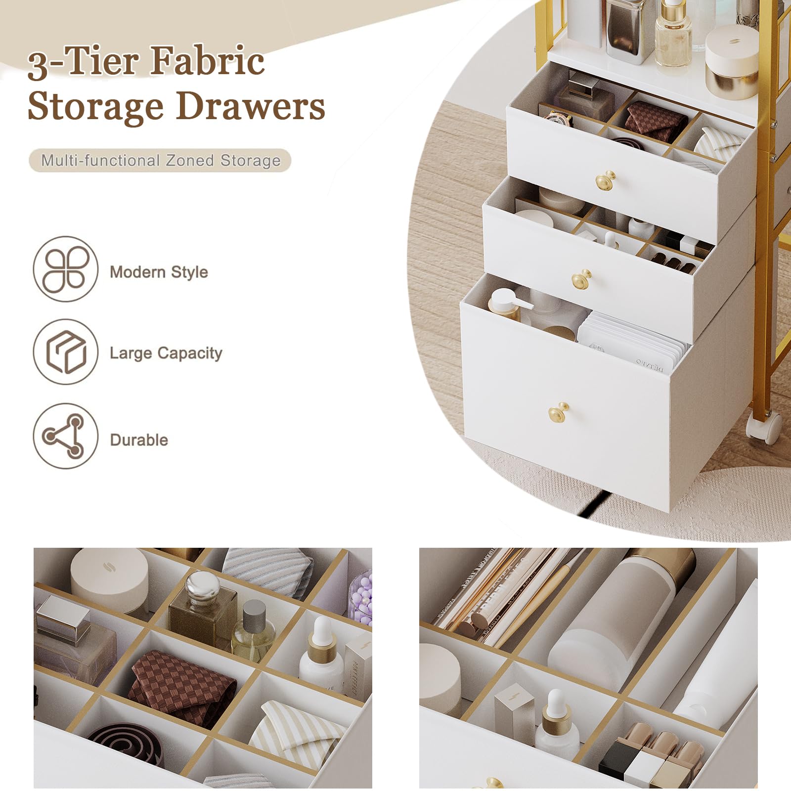ZQUYAJ Makeup Organizer Cart with 3 Drawers, Jewelry Organizers and Storage for Earring Necklace, Large Vanity Storage Organizer