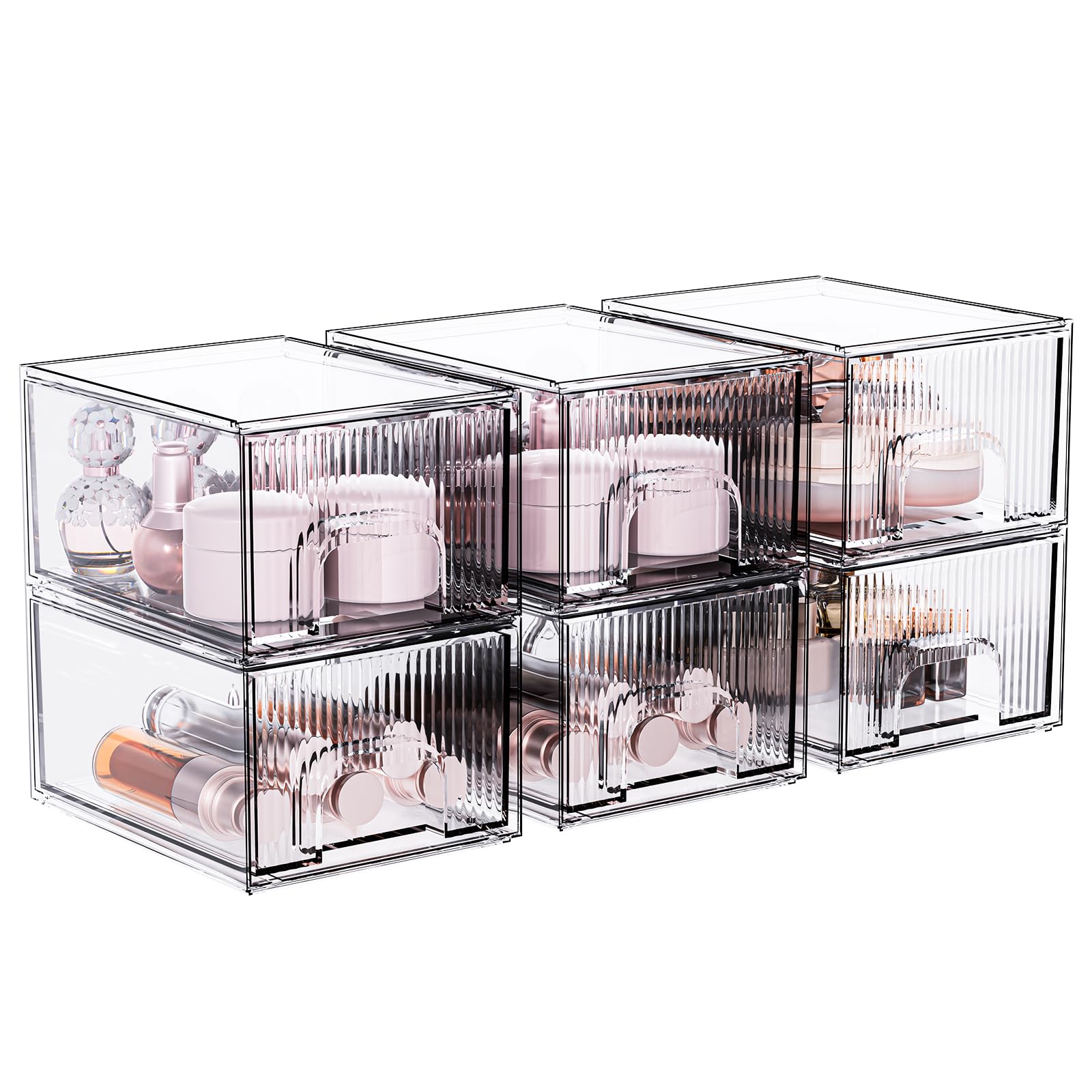 ZHIAI 6 Pack Clear Stackable Storage Drawer, Acrylic Drawer, Cosmetic Organizer, Plastic Organizer for Dresser, Under, Kitchen C