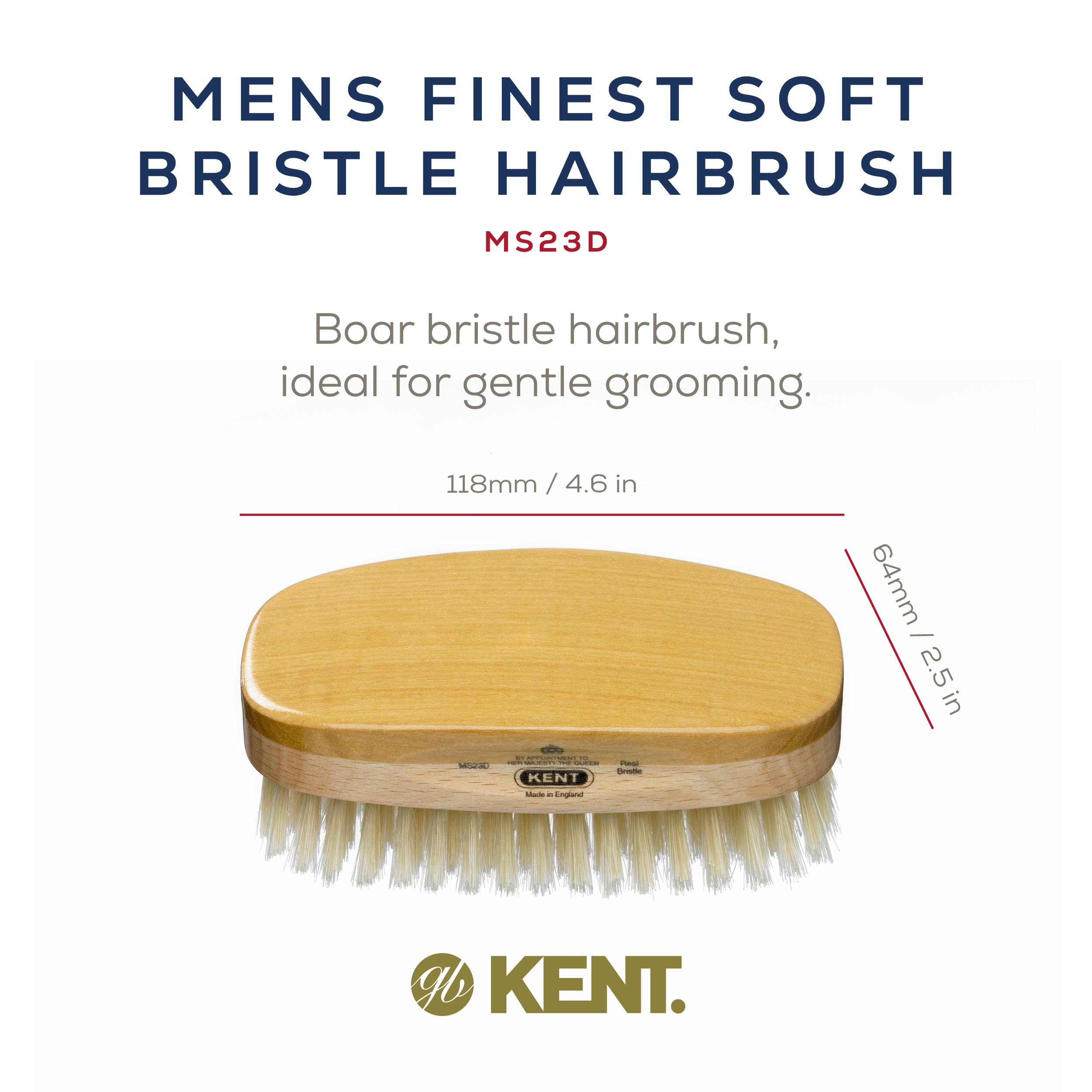 Kent MS23D Finest Men's Military Style Hair Brush - Satin and Beechwood Travel Size Base, Soft Pure White Natural Boar Bristle I
