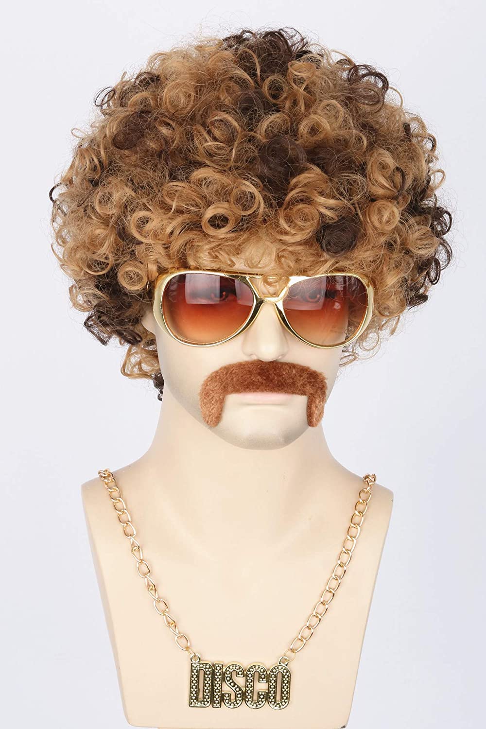 Topcosplay 3 Pieces Set Men Wigs Necklace Moustache Short Curly Halloween Wigs Blonde Mixed Brown, Glasses Not Included