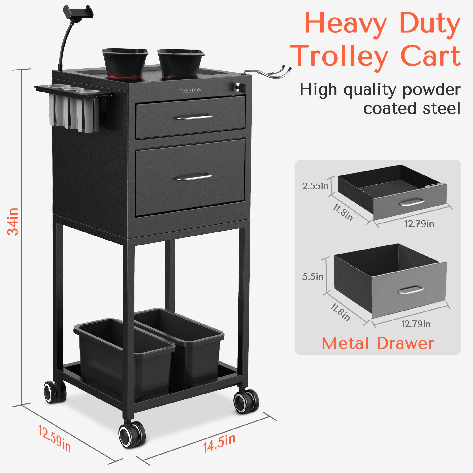 Tasalon New Upgrade Salon Metal Trolley Cart For Salon Station - Space Saving Salon Rolling Cart With 2 Magnetic Bowls- Beauty C