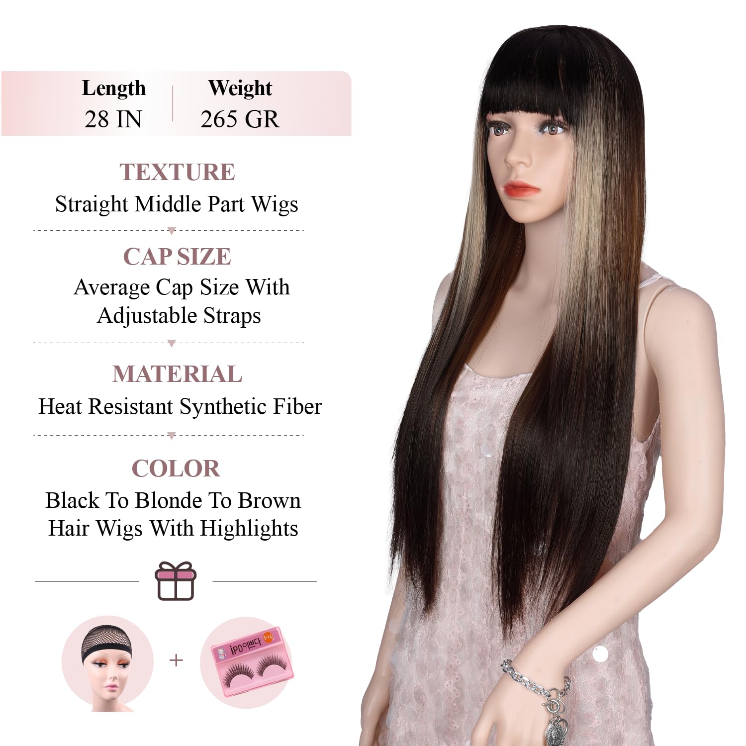 Wiger Straight Dark Brown Wigs With Bangs For Women Highlighted Ombre Long Straight Hair Wig Black-Blonde-Brown Long Wigs With H
