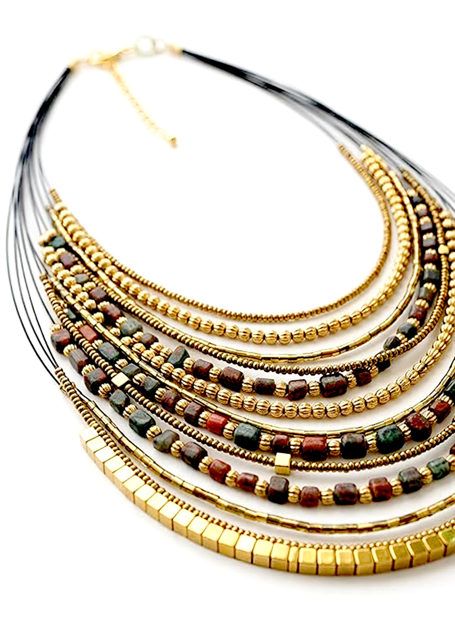 Dca Handmade Multilayer Beaded Fashion Statement Necklace, Red And Gold, Boho Tribal Style, Adjustable Clasp For Saree,Dress,Kur