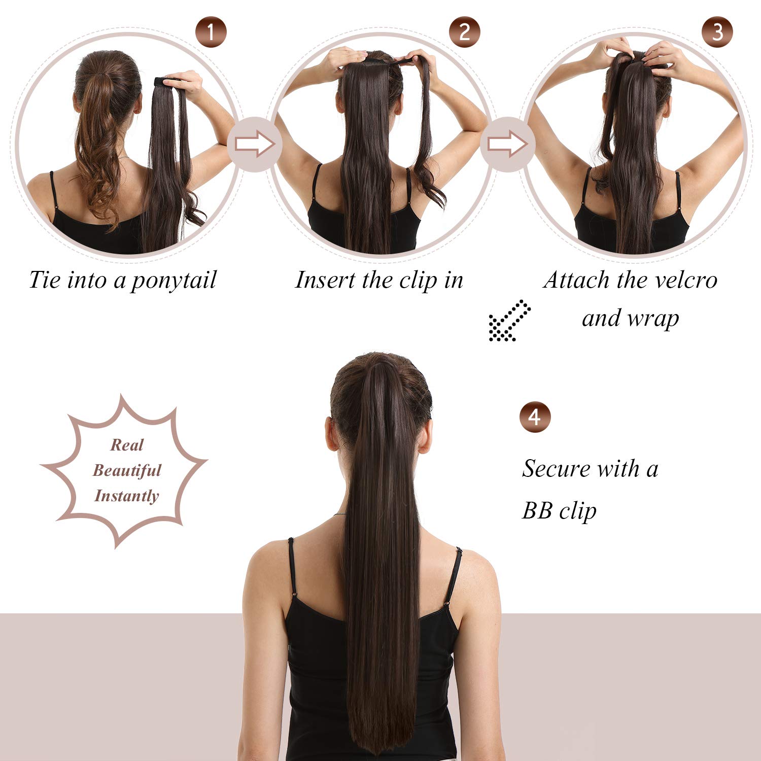 Barsdar 26 Inch Ponytail Extension, Long Straight Wrap Around Clip In Ponytail Hair Extensions Synthetic Ponytail Hair Pieces Fo