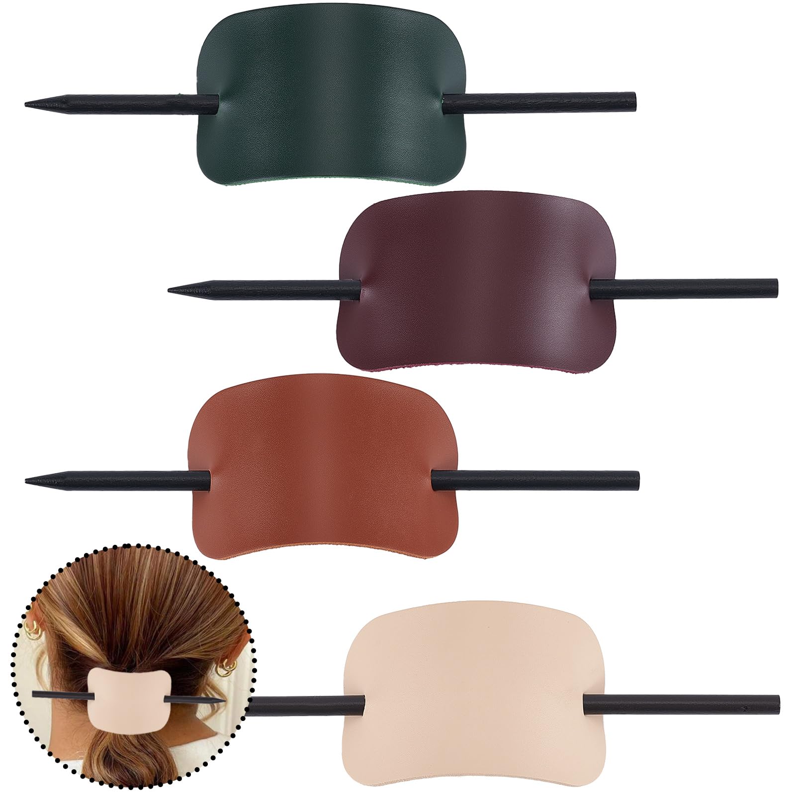 NICENEEDED 4 PCS Leather Stick Barrette, Oval Shape Hair Slider Pin Ponytail Holders, Faux Leather Hair Clips with Stick Accesso