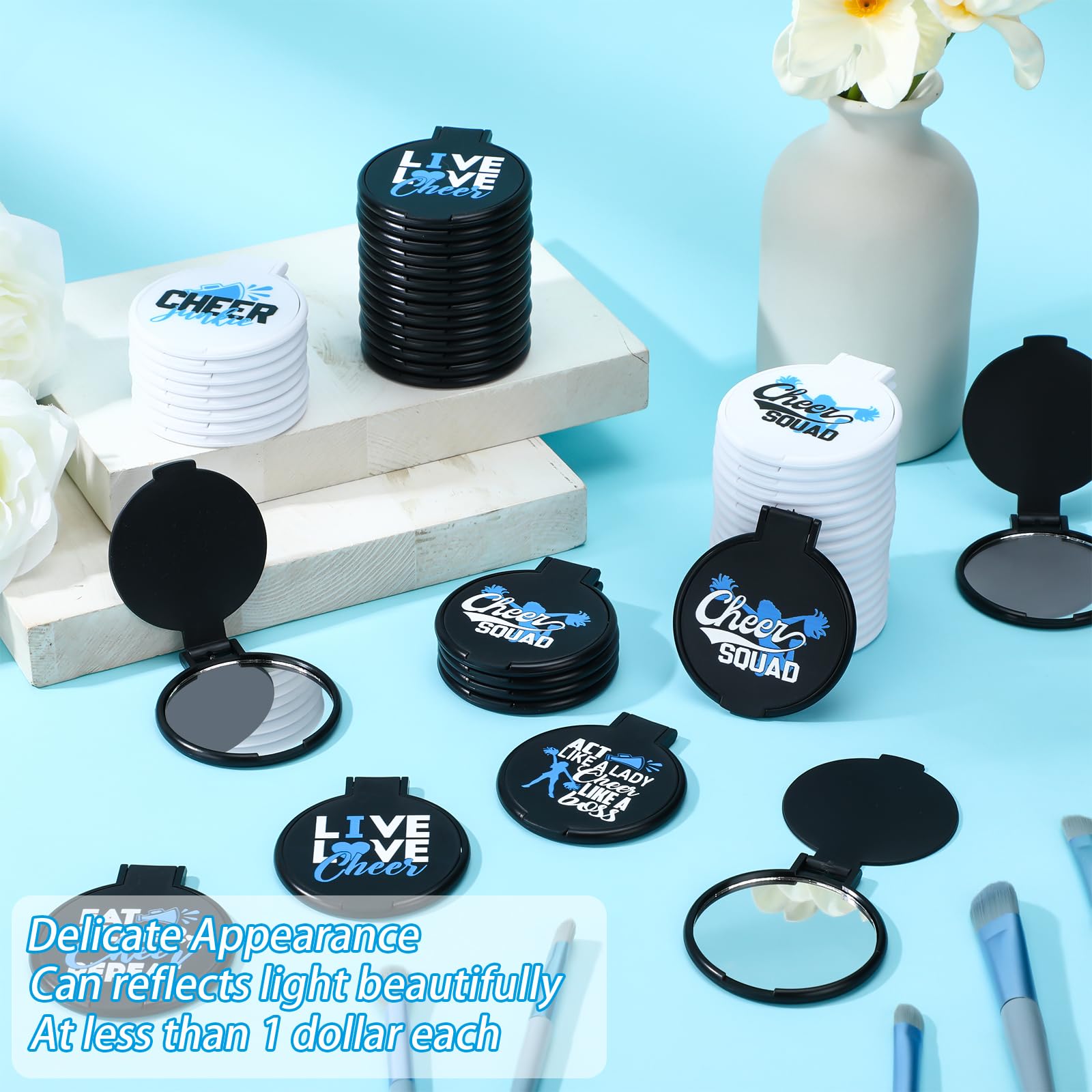 Wenqik 50 Pcs Cheerleader Mirror Gifts Cheerleading Compact Mirror Bulk Folding Pocket Mirror Cheer Party Favors For Team(Blue C