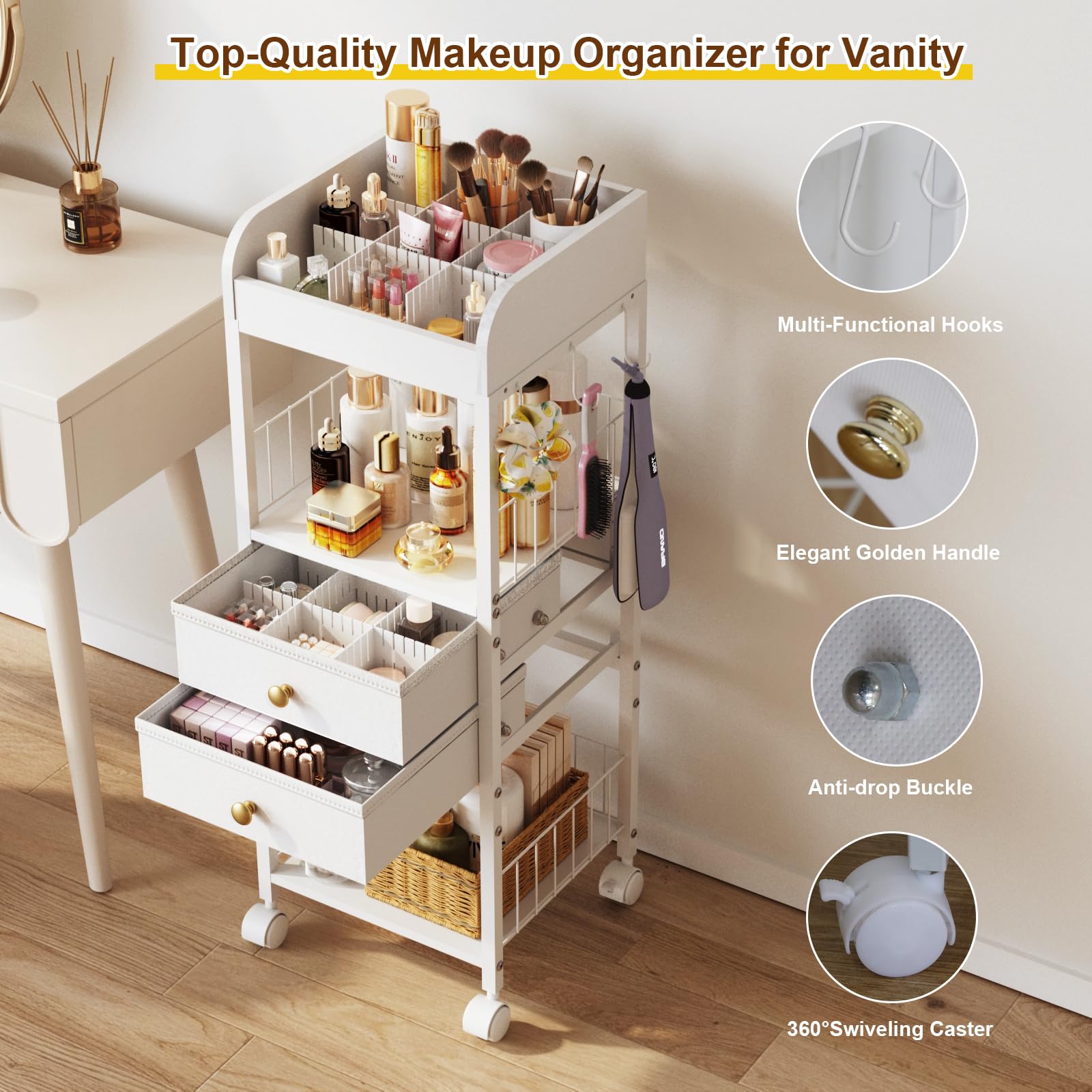 DongRong Floor Makeup Organizer with Lockable Wheels & 8 Dividers, 2-Drawer Rolling Skincare Cart for Cosmetics/Perfume/Nail Pol