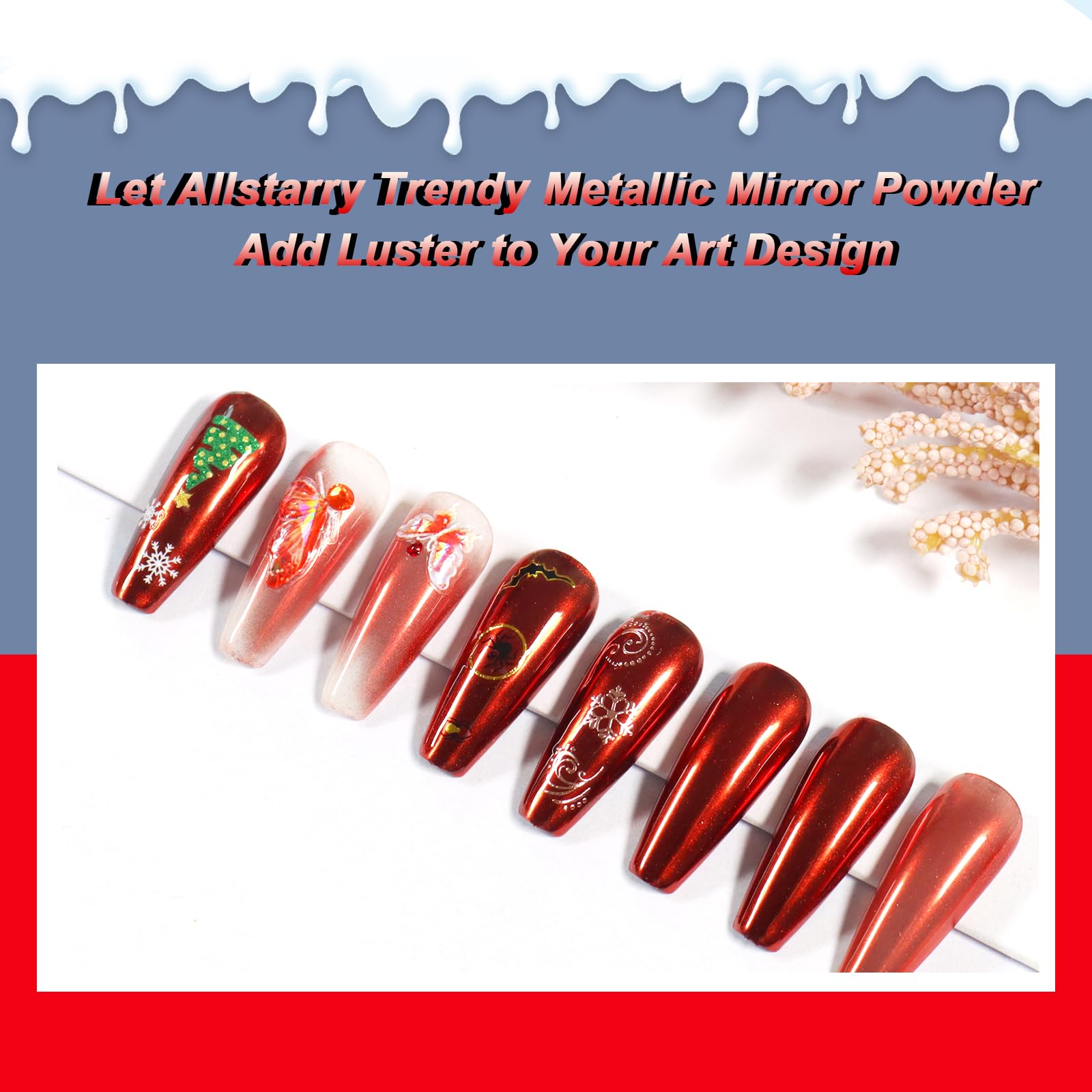 Allstarry Red Chrome Nail Powder Metallic Mirror Effect Dust Glitter Glazed Manicure Decoration Reflective Pigment For Gel Polis