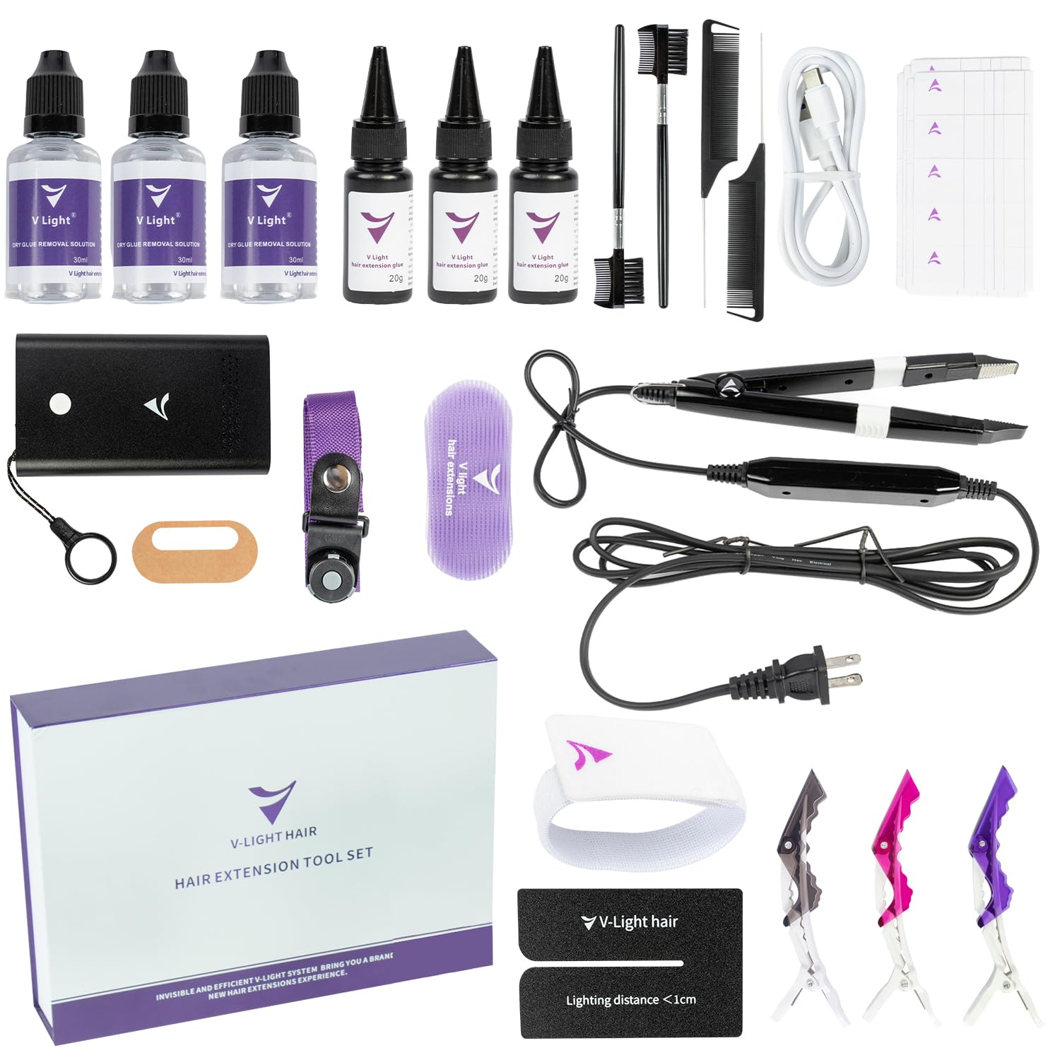 V Light Hair Extensions Kit (Machine set) V-Light Extension Machine V-Light Extension Remover Machine .V-Light Glue 20g * 3 Wig 