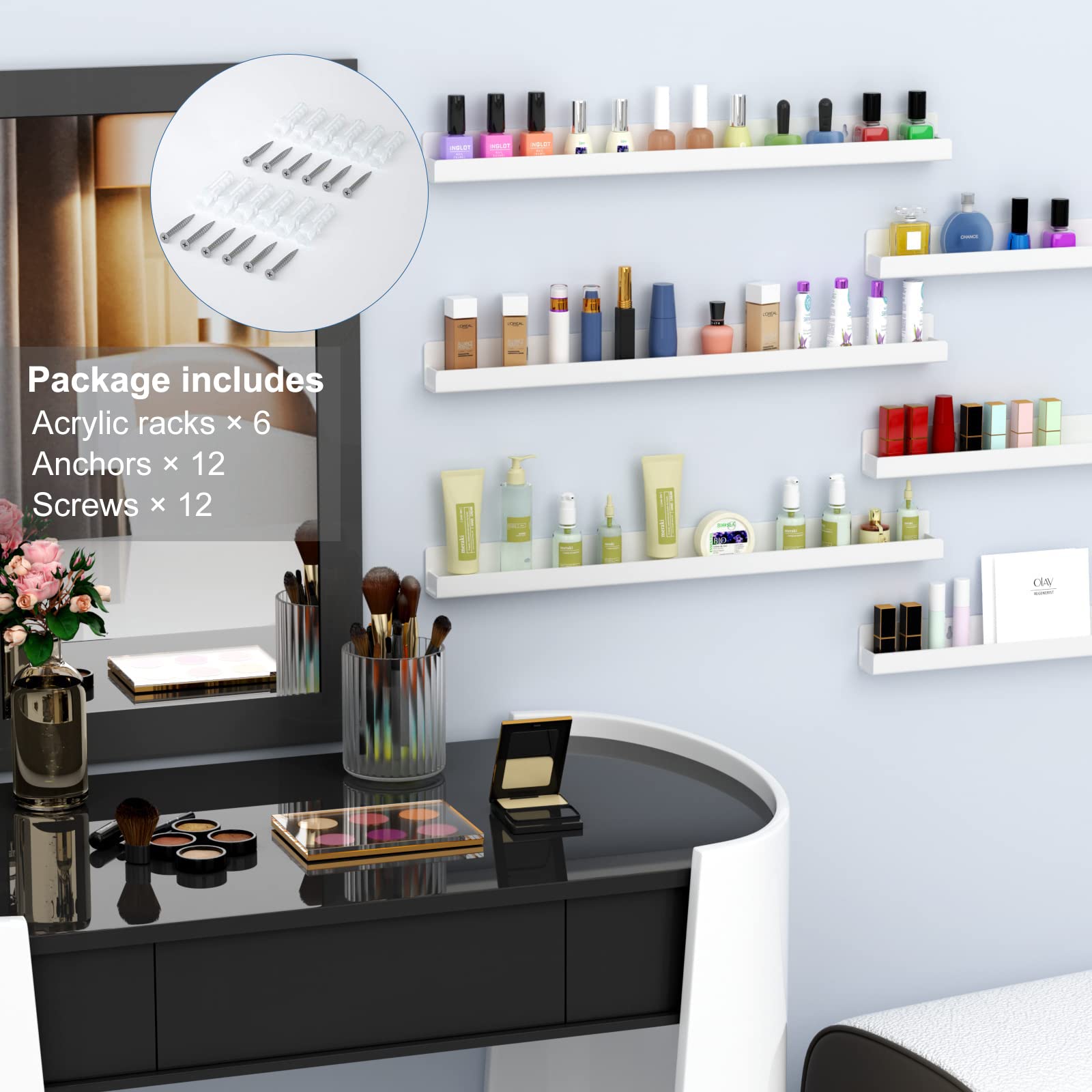 Femeli Nail Polish Wall Rack: 6 Shelves 15 Inch White Acrylic Nail Polish Holder Organizer For 66-90 Bottles, Multi-Purpose Acry