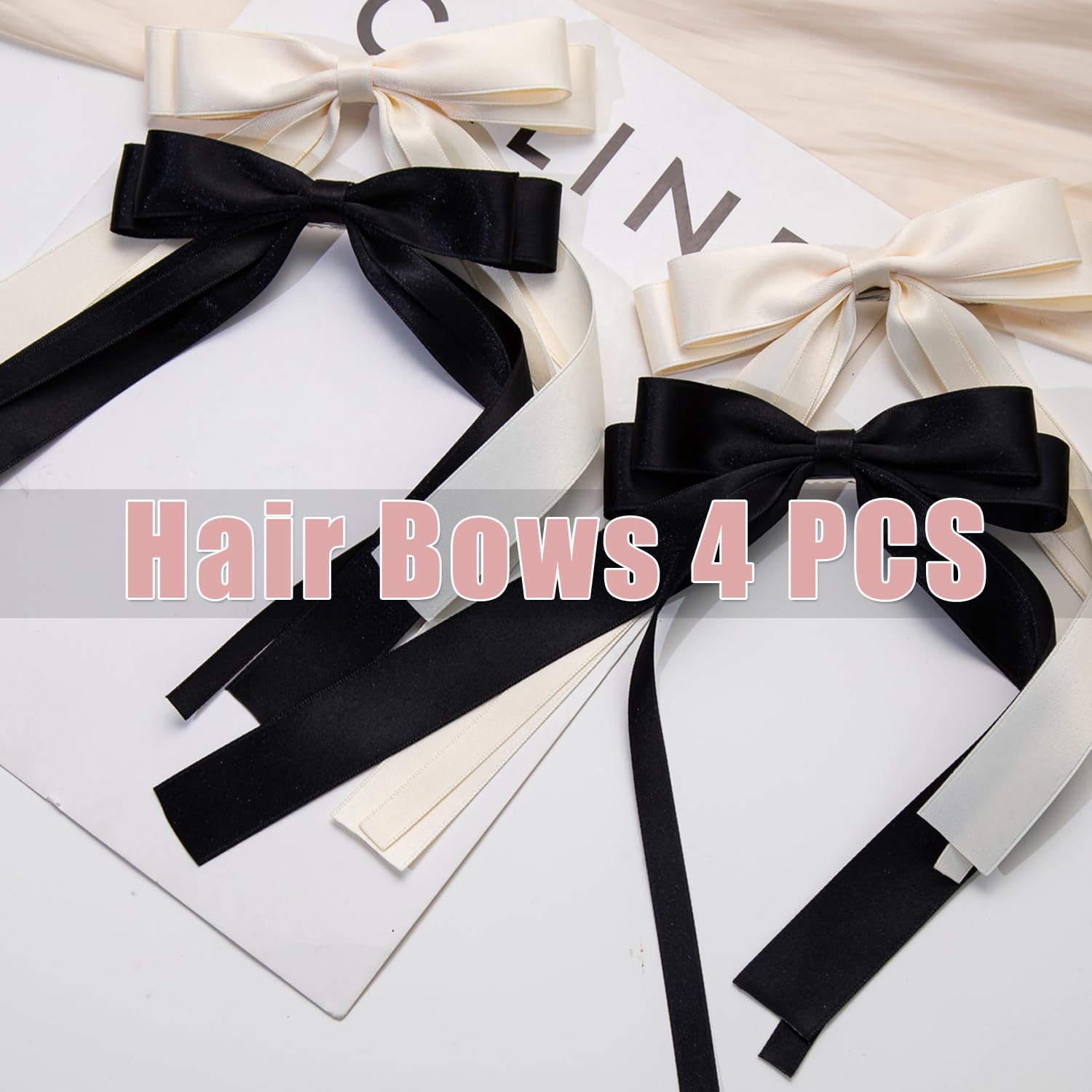 Oversized Long-Tail Cute Aesthetic Hair Accessories: 4 Pcs Ribbon Bows, Large Hair Barrettes, Big Bows For Girls (Beige, Black)