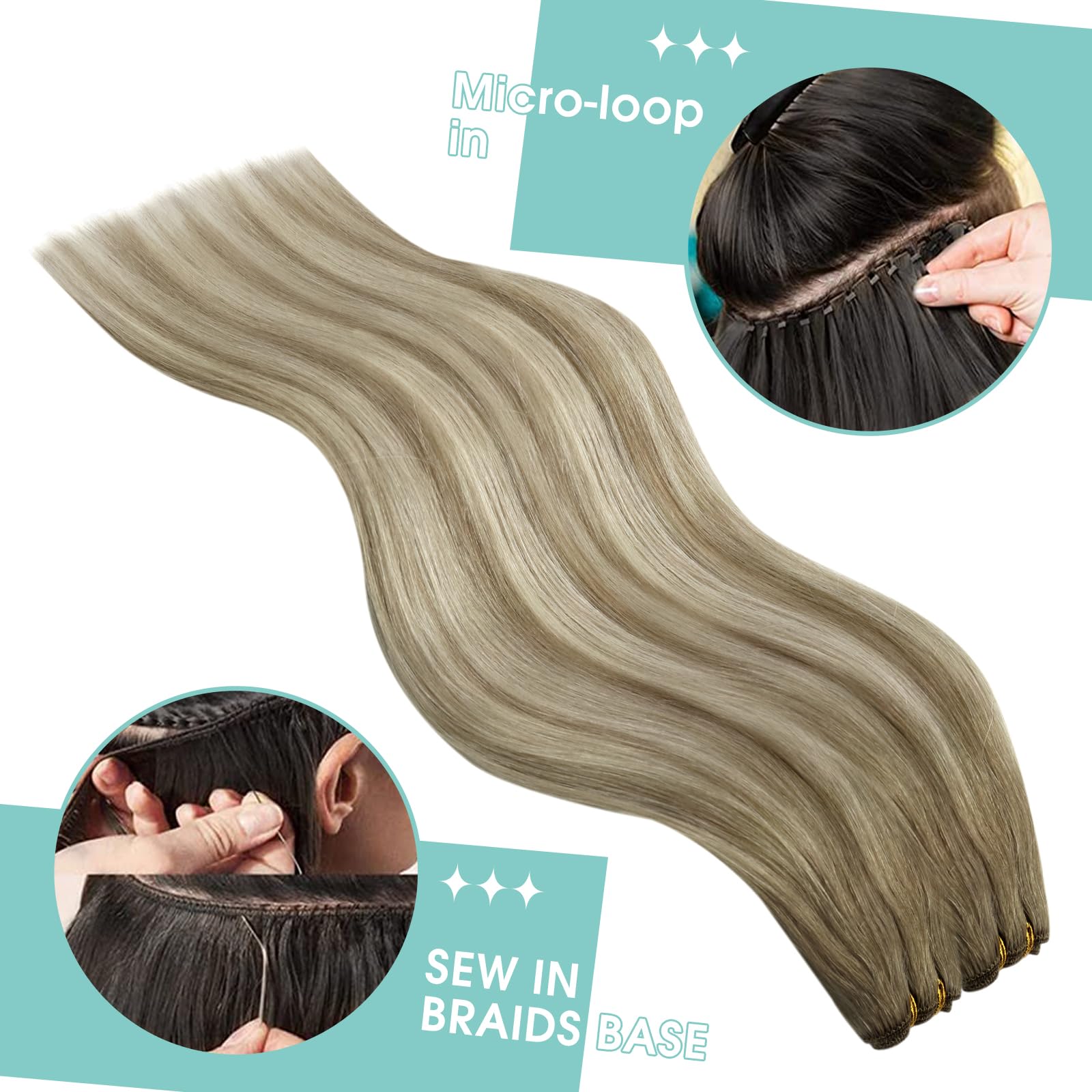 Youngsee 100G 14Inch Weft Hair Extensions Balayage Sew In Hair Extensions Medium Brown Fading To Brown Mix Platinum Straight Wef