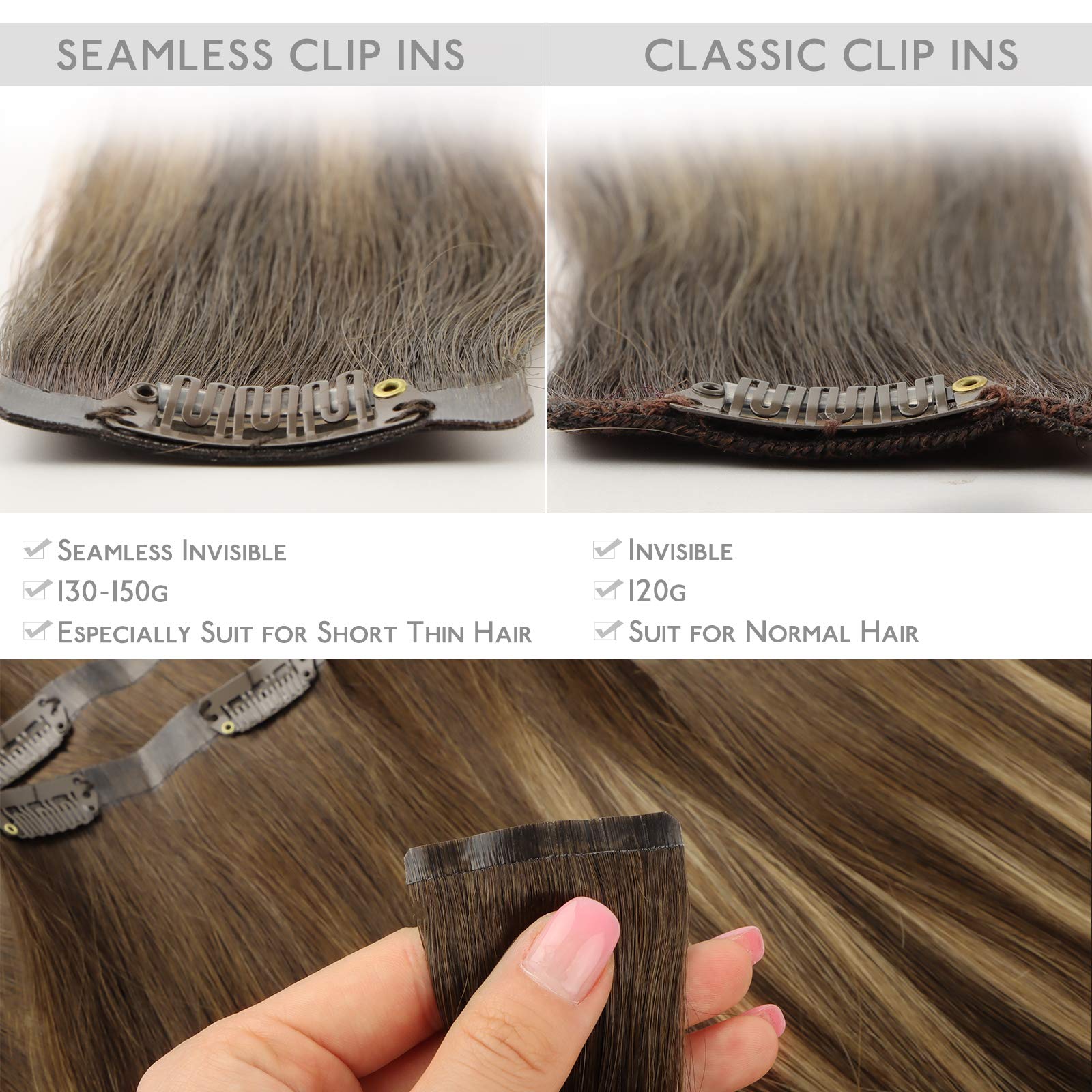 Wennalife Seamless Clip In Hair Extensions, 22 Inch 150G 7Pcs Balayage Chocolate Brown To Caramel Blonde Hair Extensions Clip In