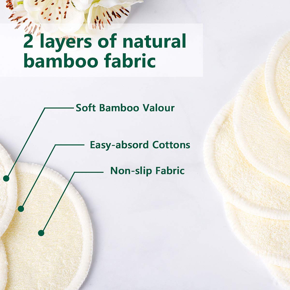 20 Packs Organic Reusable Makeup Remover Pads, Washable Eco-Friendly Natural Bamboo Cotton Rounds For All Skin Types With Cotton