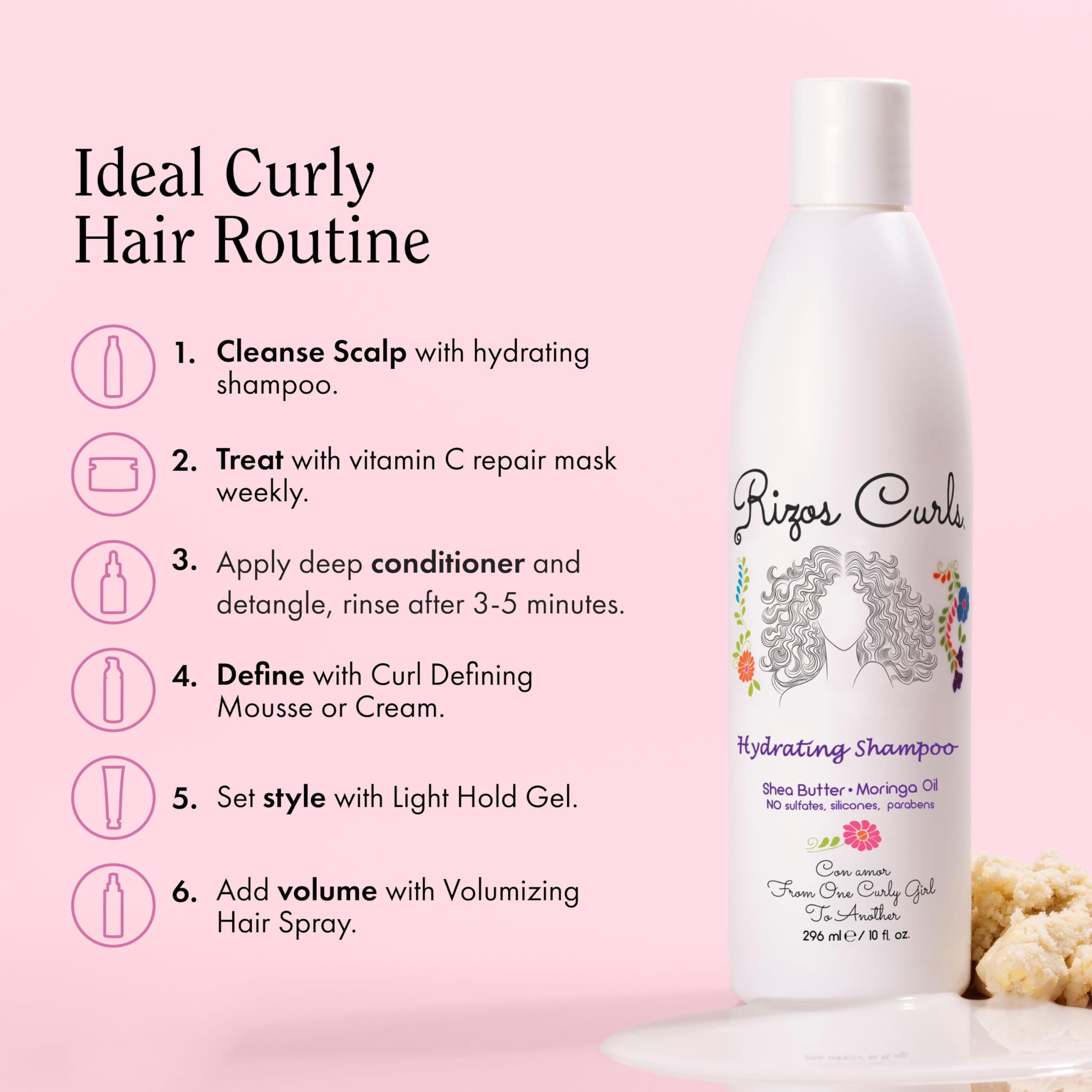Rizos Curls Hydrating Shampoo, Gently Cleanse, Deeply Moisturizes & Nourishes Scalp, Soft & Healthy Hair from Shea Butter & Mori