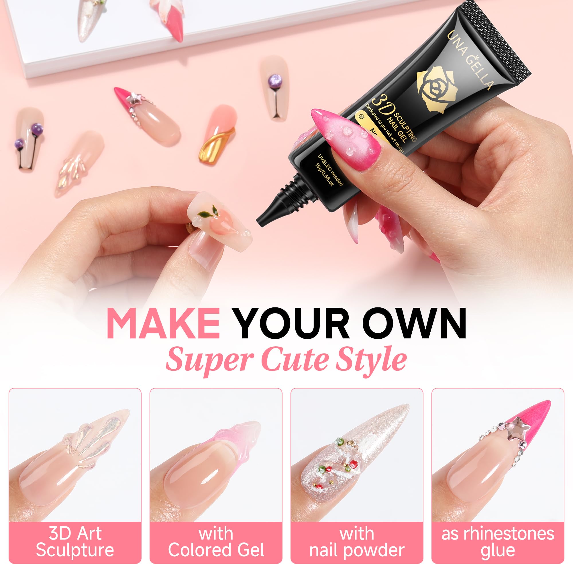 Una Gella 3D Gel Nail Art, Sculpting Gel Nail Glue 15G For Nail Tips, Chrome Nail Powder And Nail Charms, 4 In 1 No Wipe Clear G