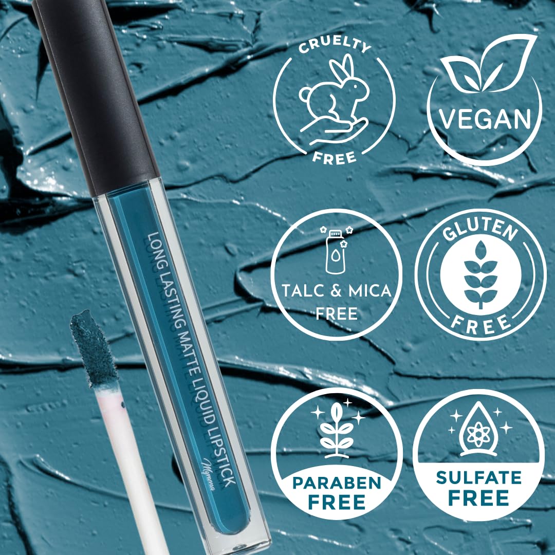 Mynena Teal Blue Long-Lasting Matte Liquid Lipstick | Intense Color, Smudge-Proof & Waterproof | Comfortable, Hydrating Shea But