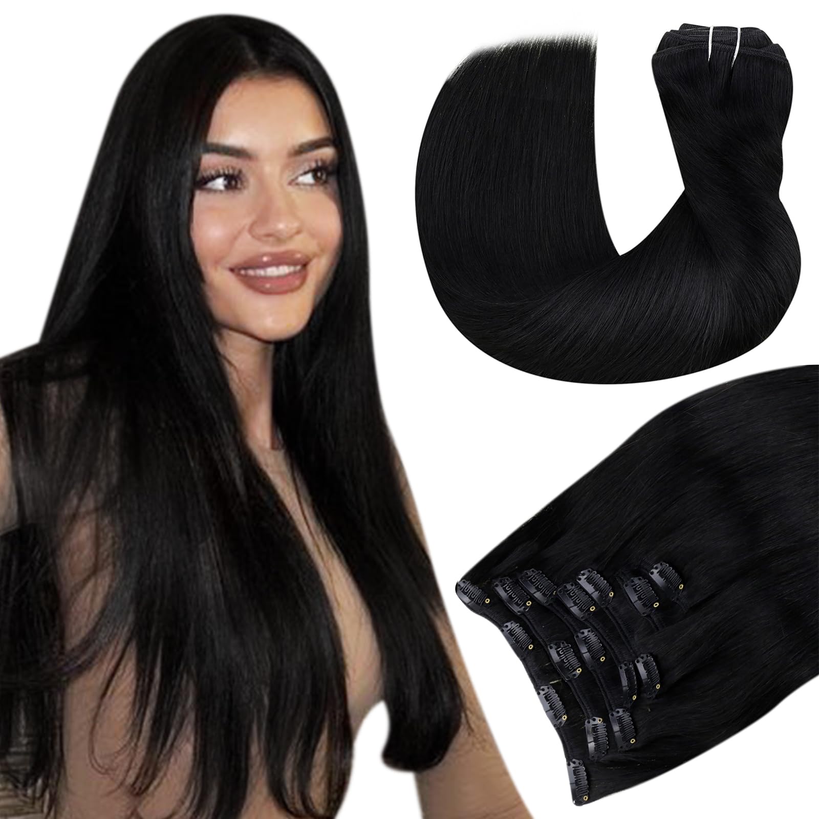 Hetto Clip in Hair Extensions Human Hair Black Double Weft Clip in Human Hair Extensions #1 Jet Black Clip in Extensions Remy Hu