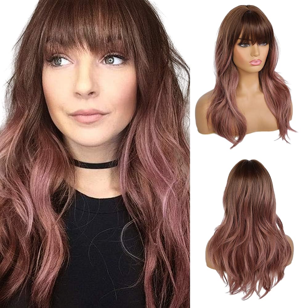 EMMOR Long Wavy Wigs with Bangs Purple Pink Wigs for Women, 20 Inch Natural Curly Hair Wig With Air Bang Synthetic Ombre Wigs, P