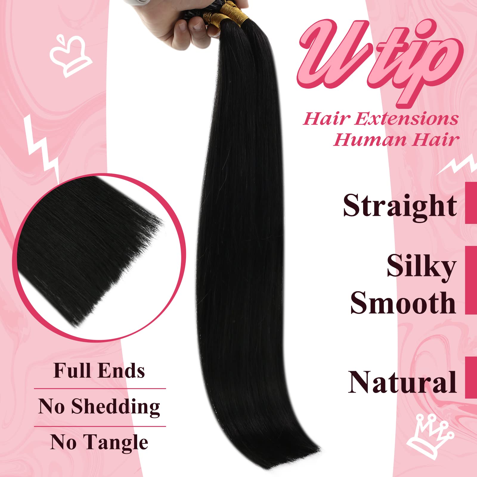 Sunny U Tips Extensions Real Human Hair Black U Tip Human Hair Extensions Jet Black Hot Fusion U Tips Hair Extensions Straight H