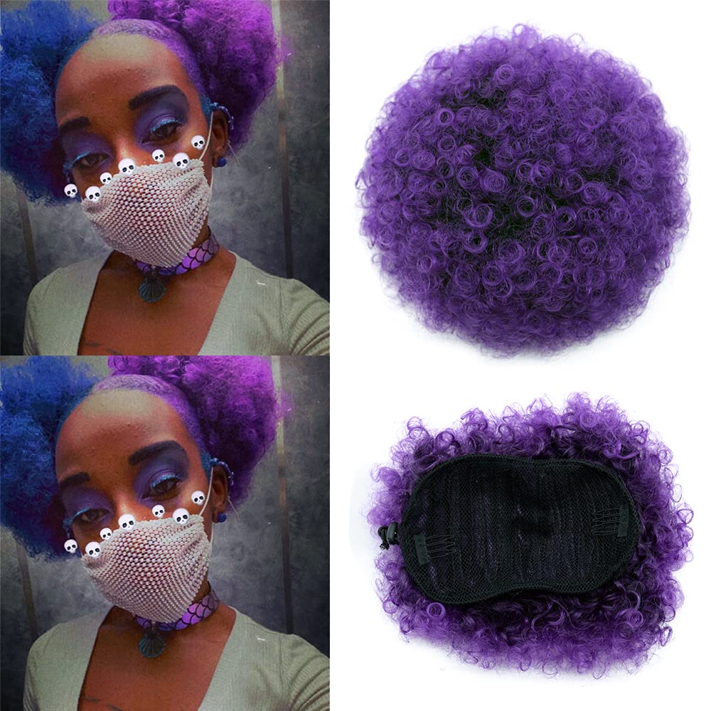 Yinmei Baibian Purple Afro Puff Drawstring Ponytail for Black Women Short Ponytail High Puff Bun Hair Piece Kinky Curly Clip in 