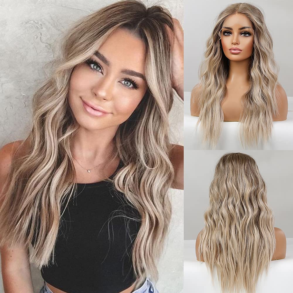 EMMOR Long Ombre Blonde Lace Front Wig for Women,25 Inch Natural Wavy Daily Hair Synthetic Lace Wigs Middle Part,Hand Tied/Longl